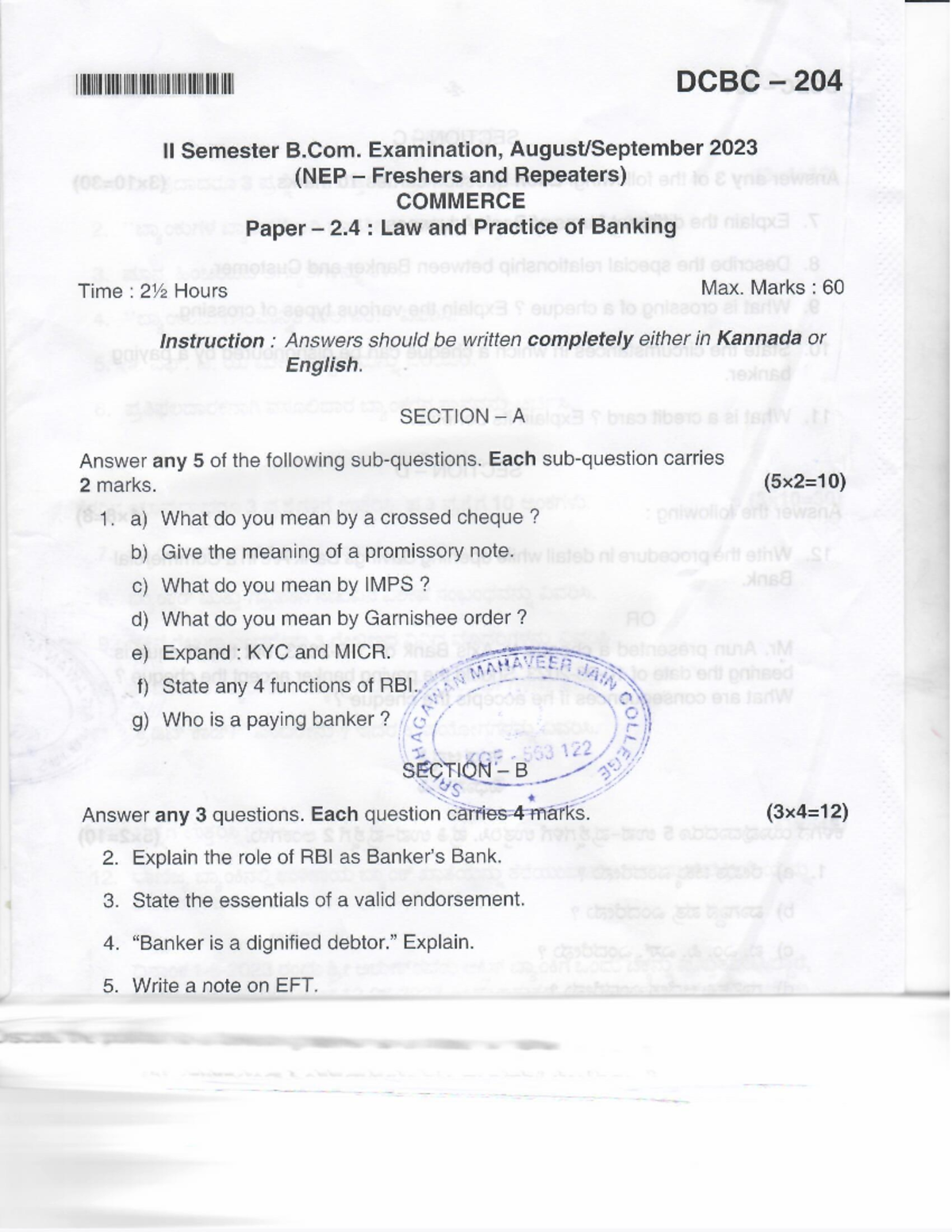 LAW & PRACTICE OF BANKING - DCBC 204 II Sem Exam 2023 Notes - Studocu