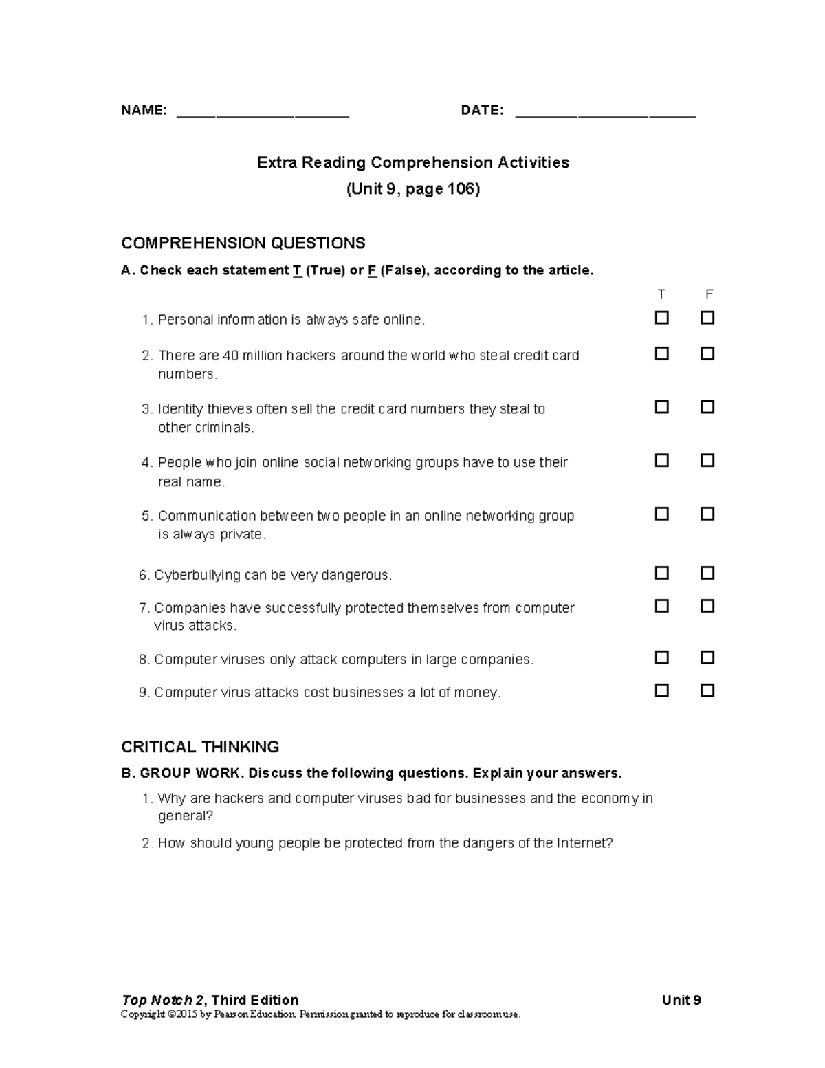 Unit 09 Internet - Reading Comprehension & Critical Thinking Activities ...