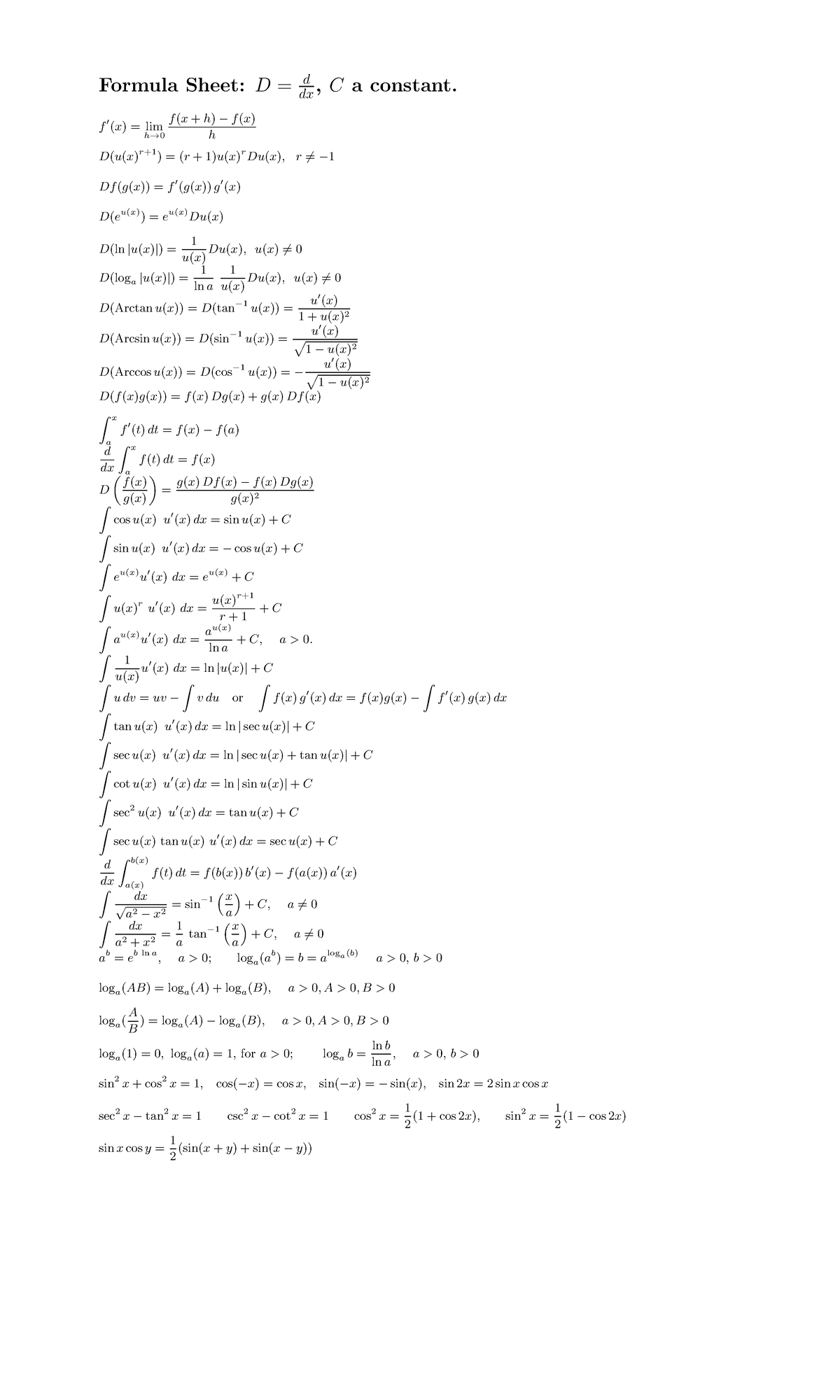 4D Formula Sheet: Key Derivatives and Integrals - Studocu