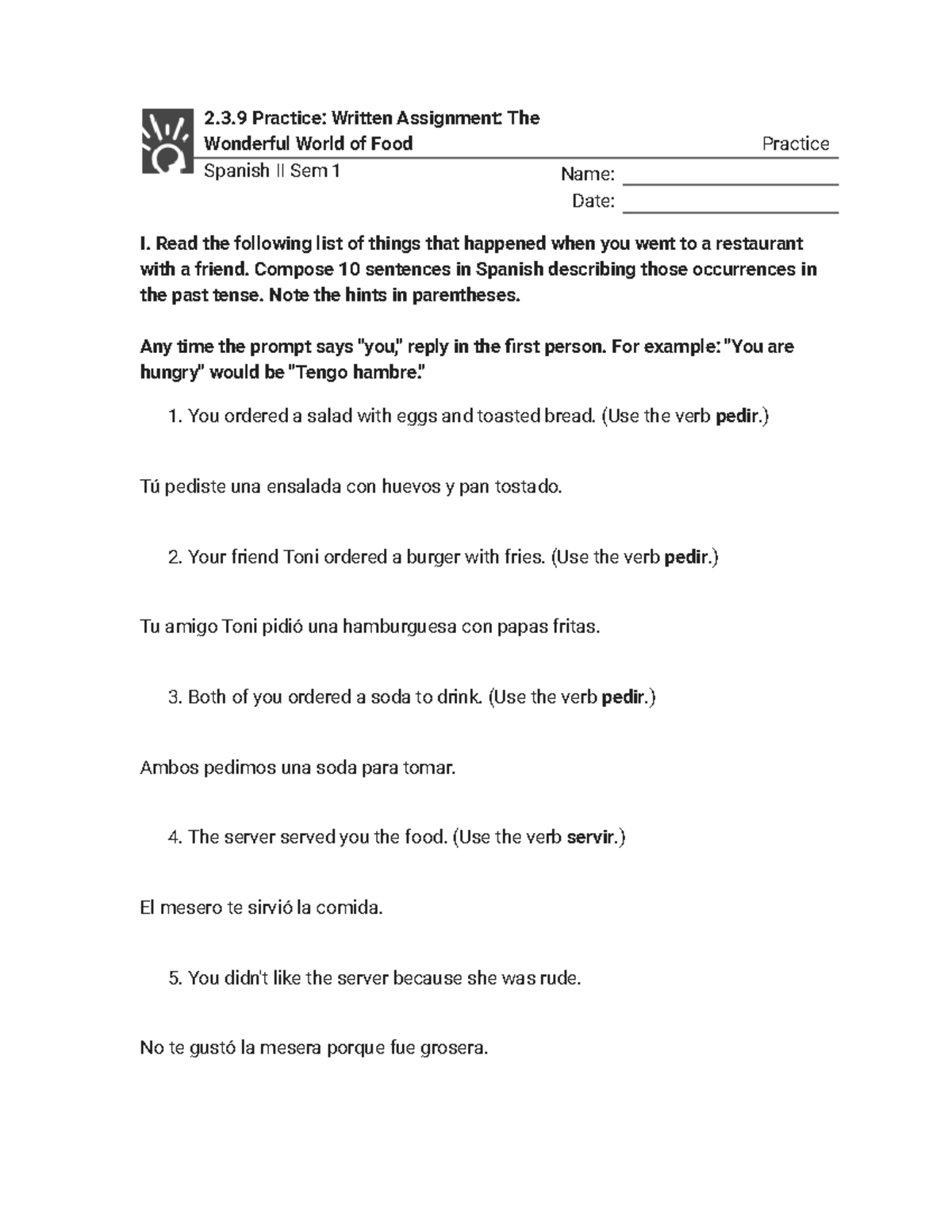 2.3.9 Practice - Spanish II Written Assignment on Food Experiences ...