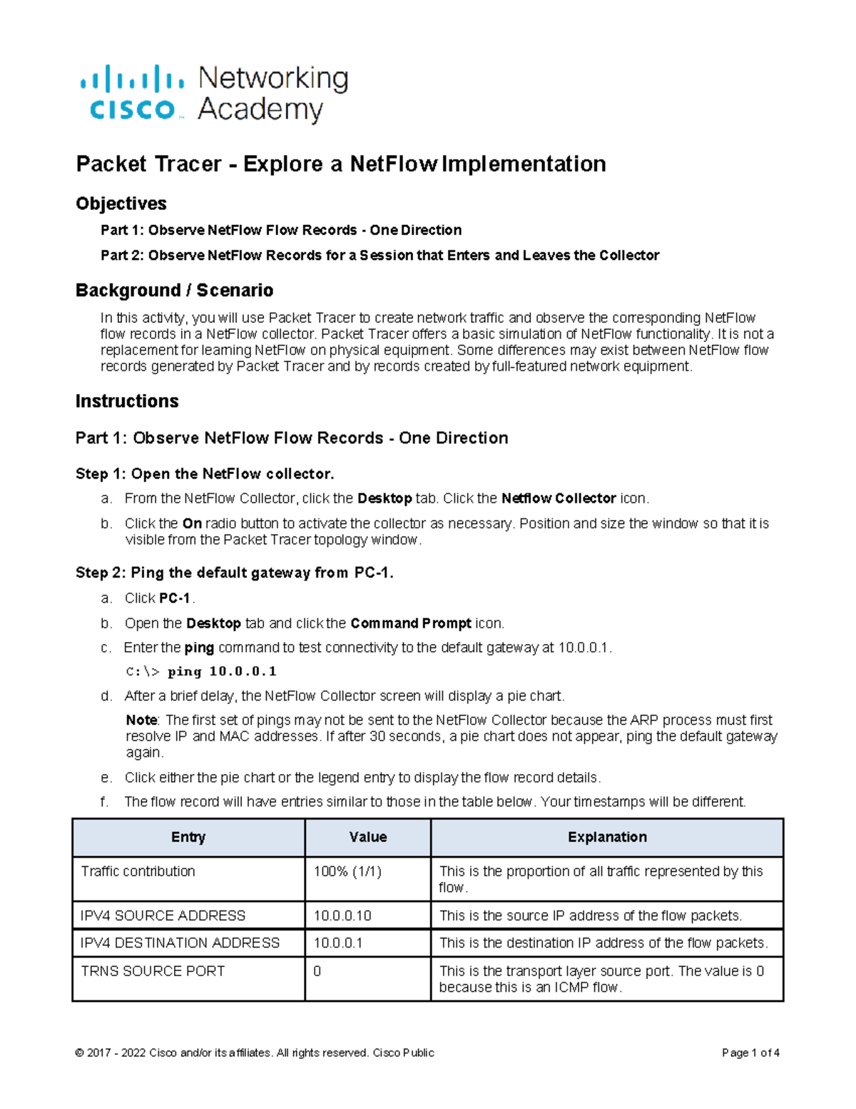 20 3 10 Packet Tracer NetFlow Implementation Guide - Studocu