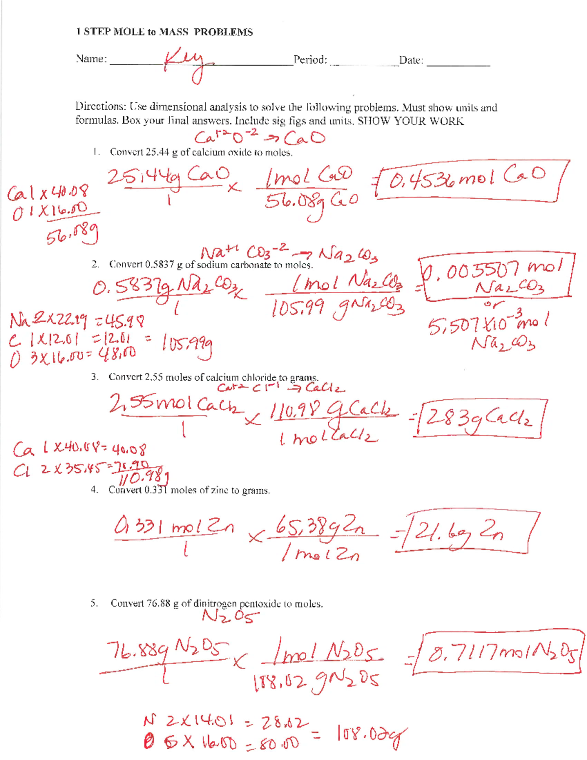 Mole to Mass Conversion Problems KEY - CHEM 101 - Studocu