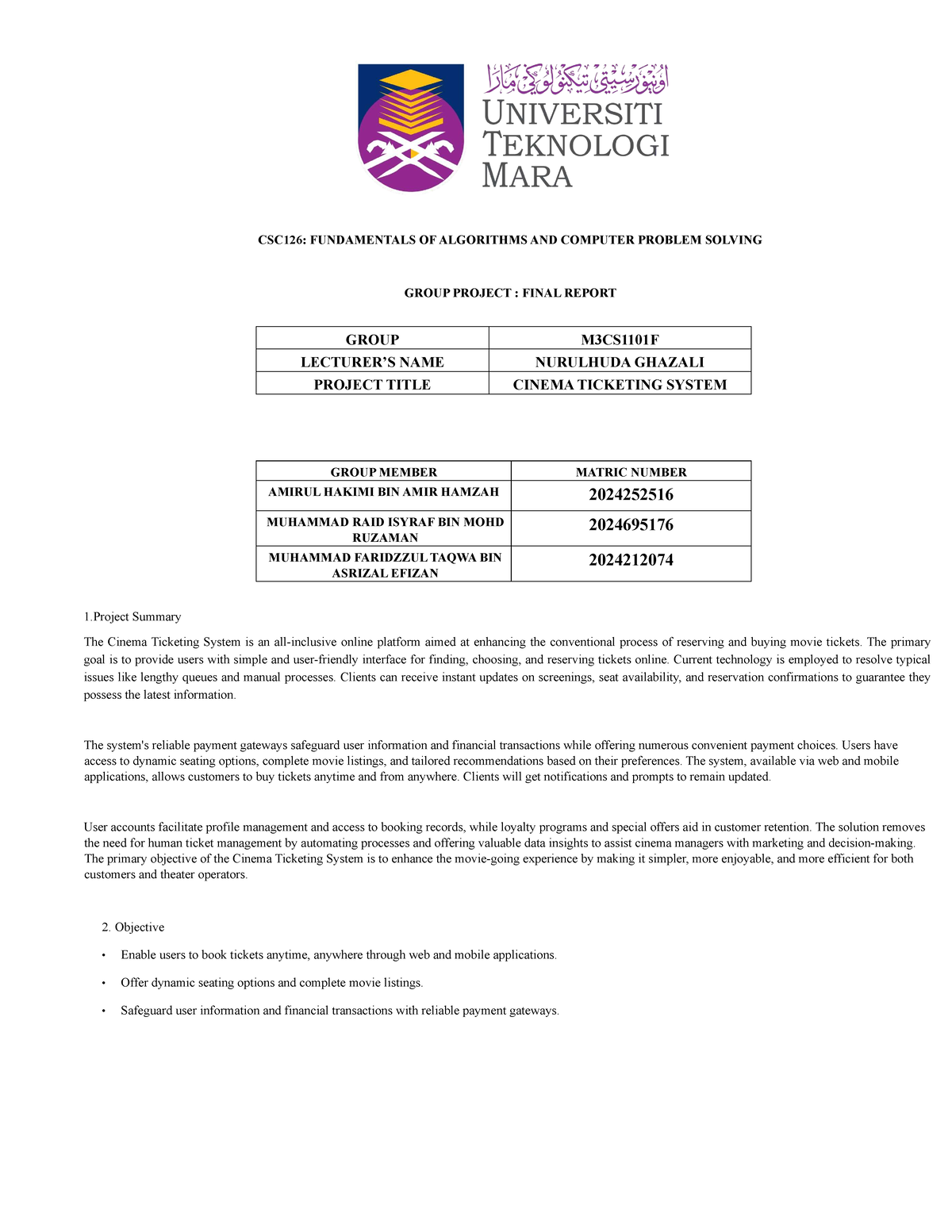CSC126Final Report Group 6 M3CS1101F - CSC126: FUNDAMENTALS OF ...