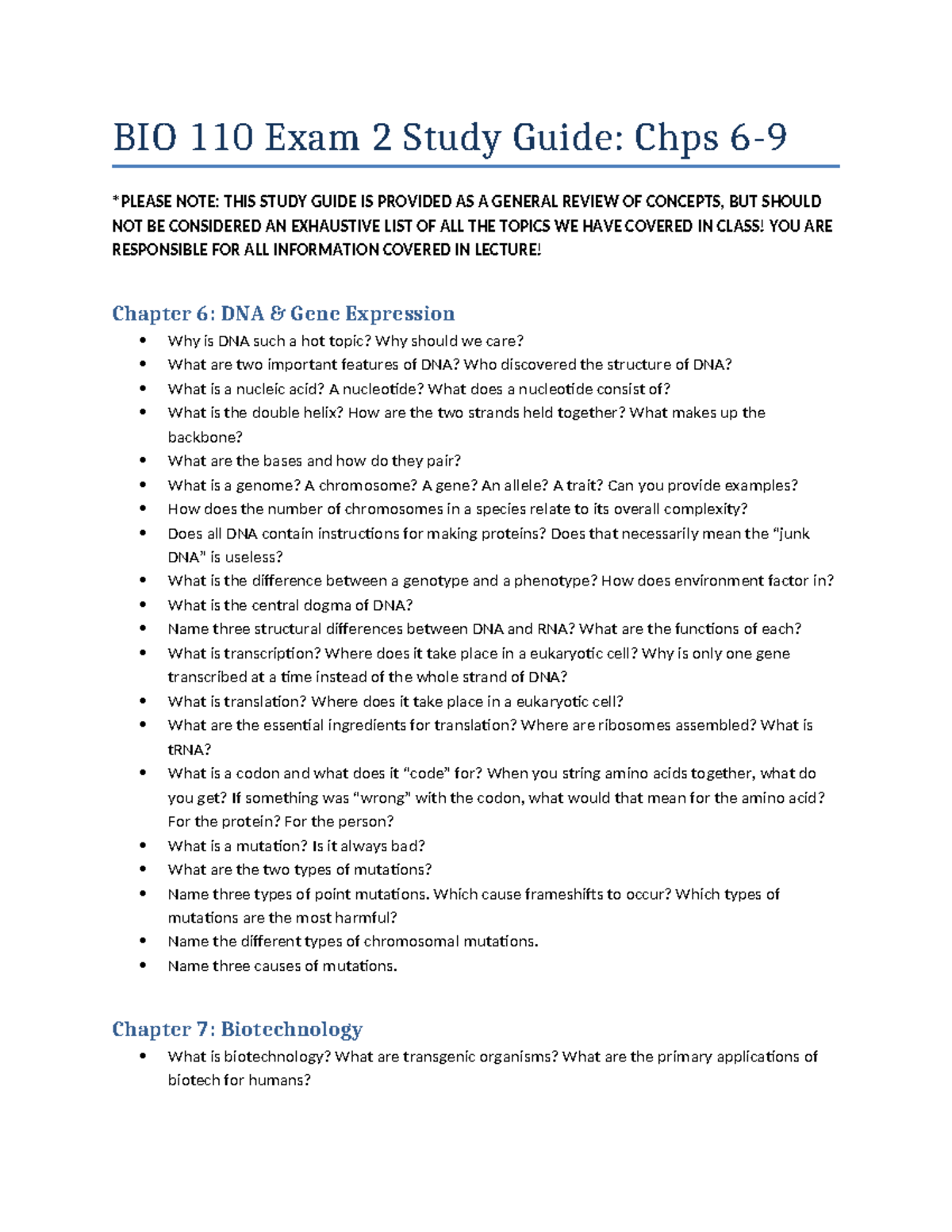 BIO 110 Exam 2 Study Guide: Key Concepts from Chps 6-9 - Studocu