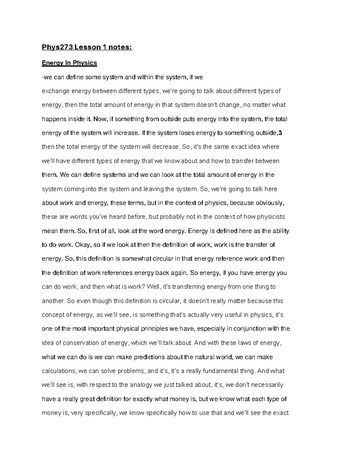 Phys273 Lesson 1: Energy & Work Concepts in Physics Notes - Studocu