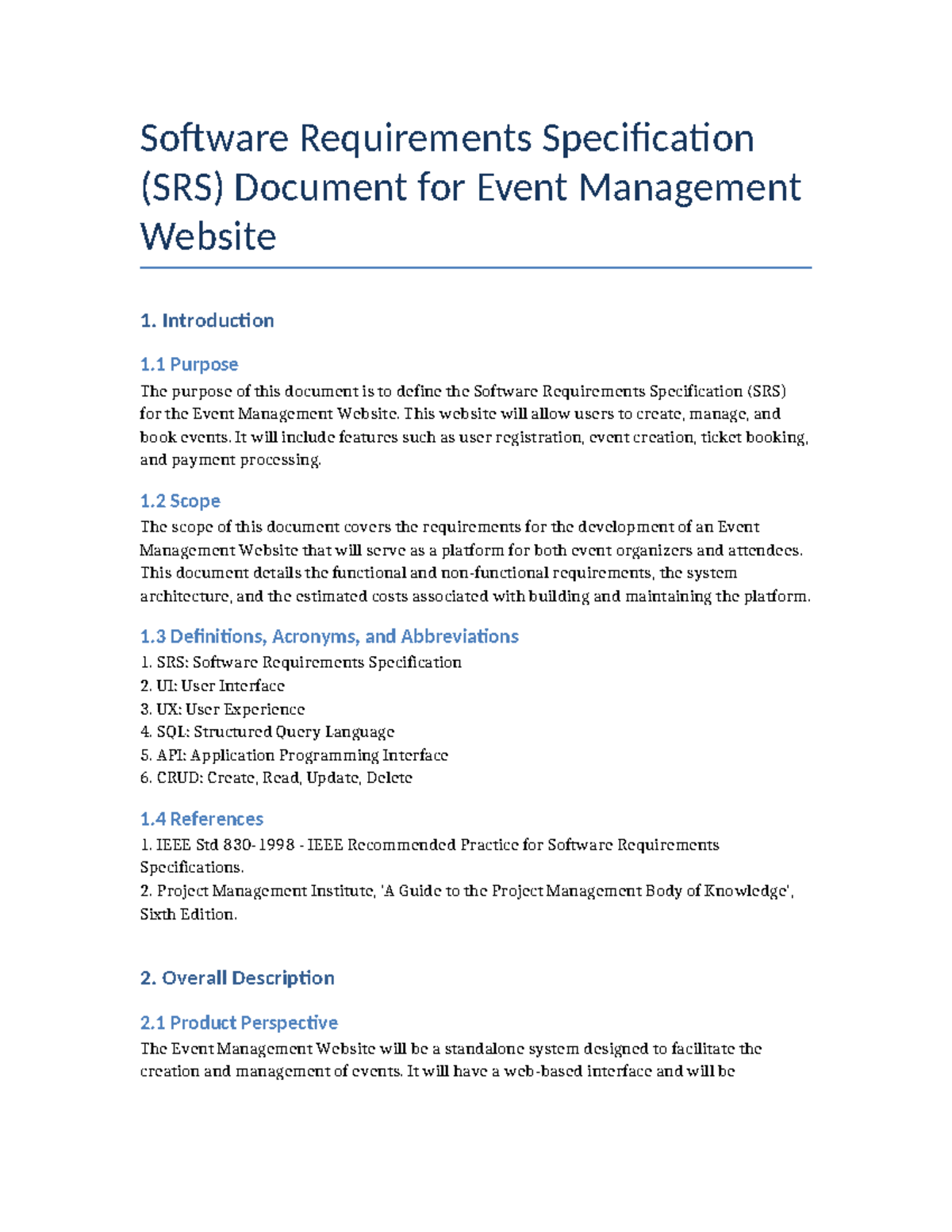 Event Management SRS Document: Features, Functions & Risks - Studocu