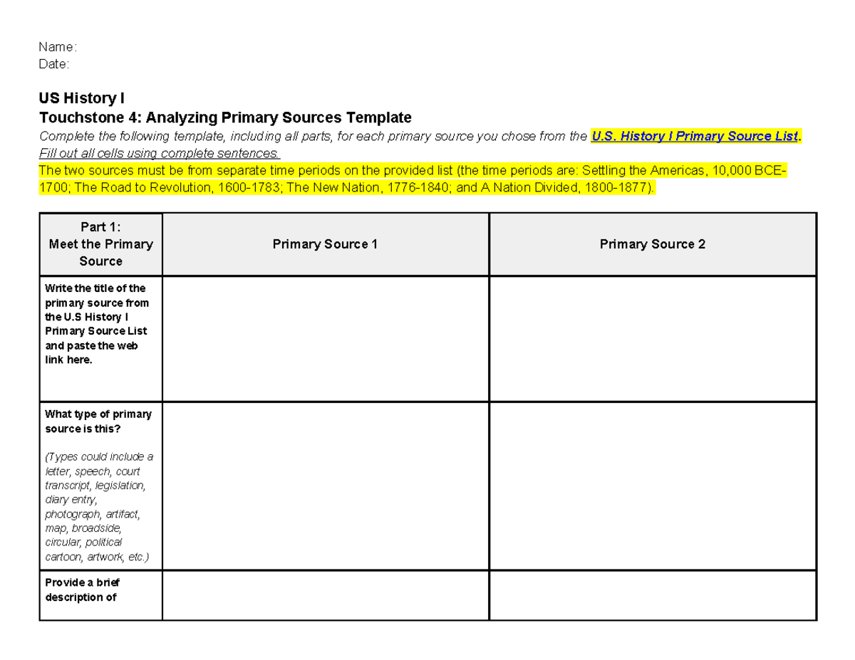 US History I Touchstone 4: Analyzing Primary Sources Template - Studocu