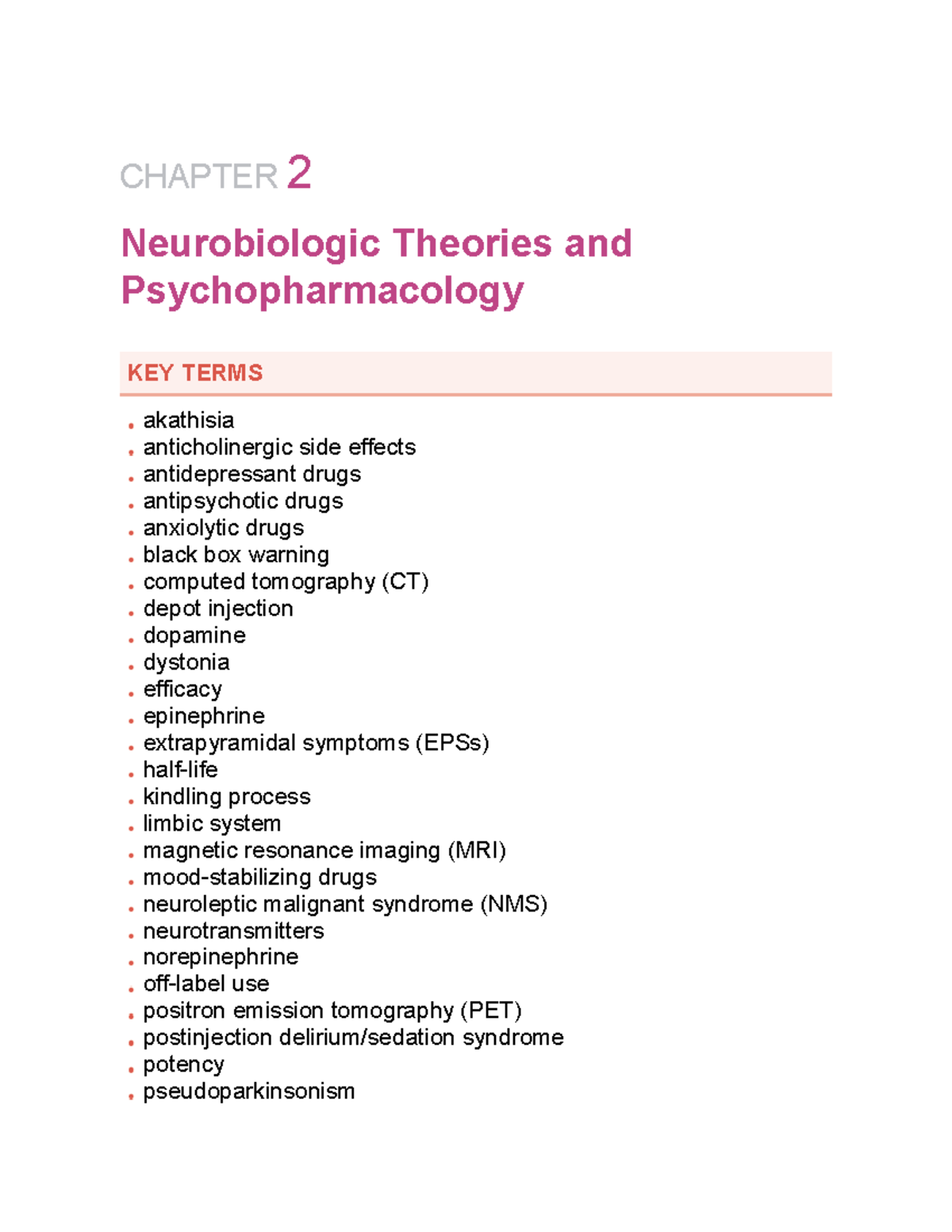 CHAPTER 2: Neurobiologic Theories & Psychopharmacology Overview - Studocu