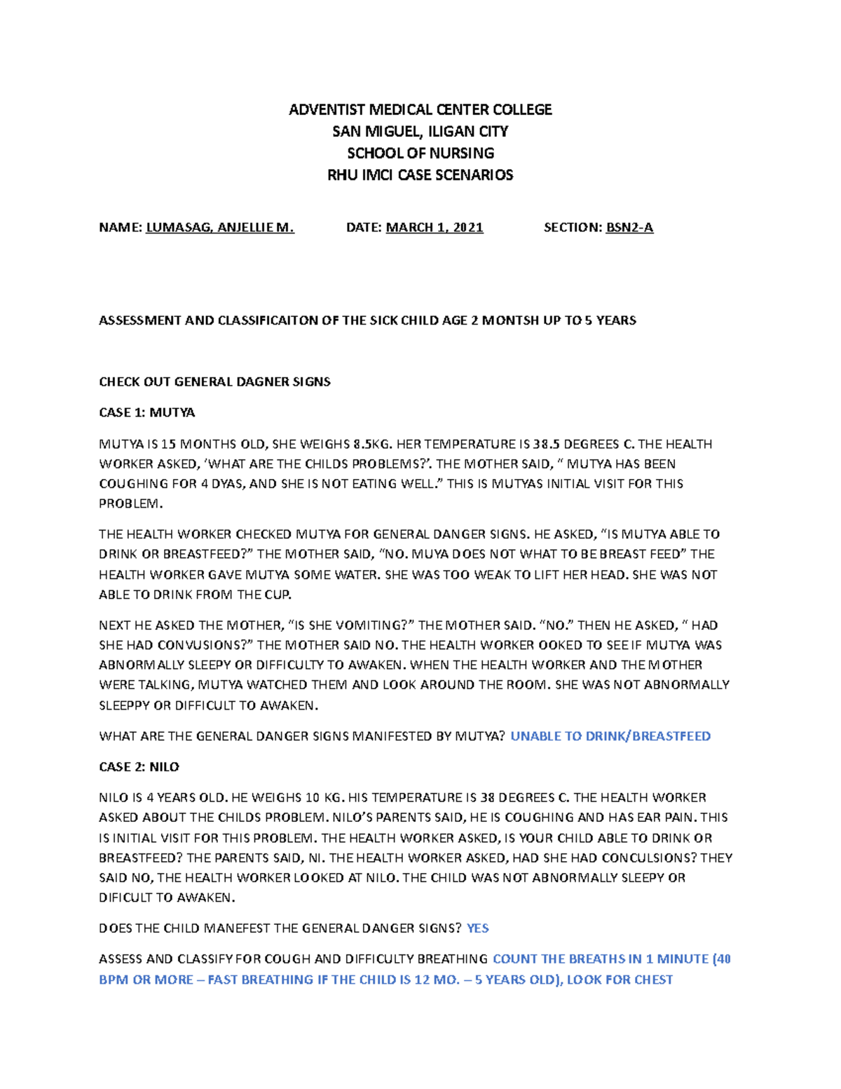 IMCI Case Scenarios: Analysis & Classification for Sick Children - Studocu