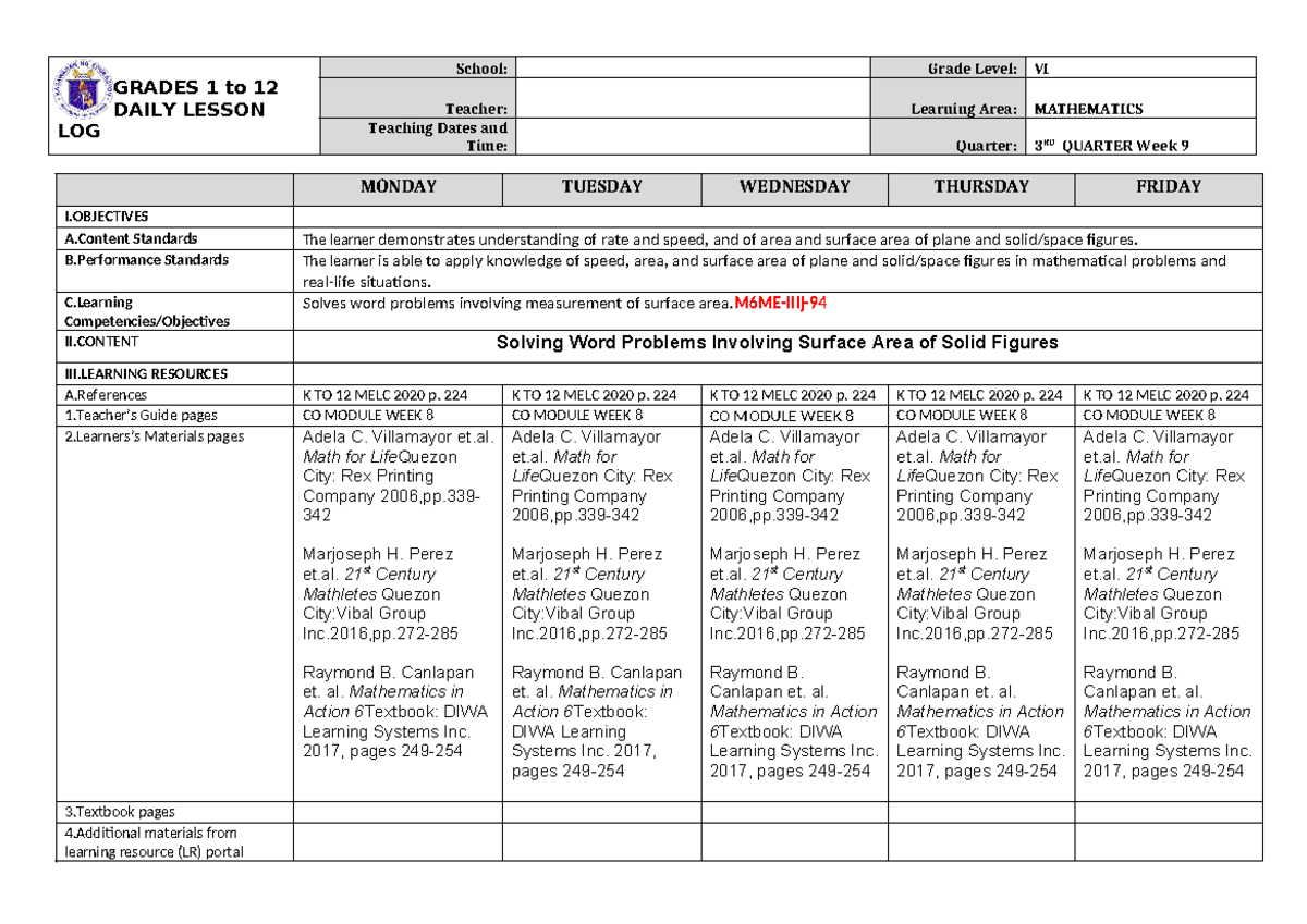 DLL Mathematics 6 Daily Lesson Log Q3 W9: Surface Area Problems - Studocu