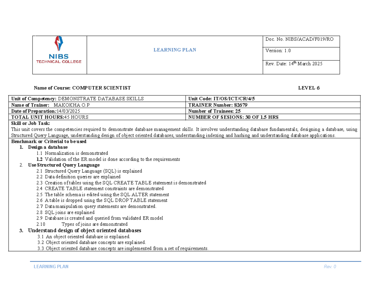 Demonstrate Database Skills - Computer Scientist Level 6 Learning Plan ...