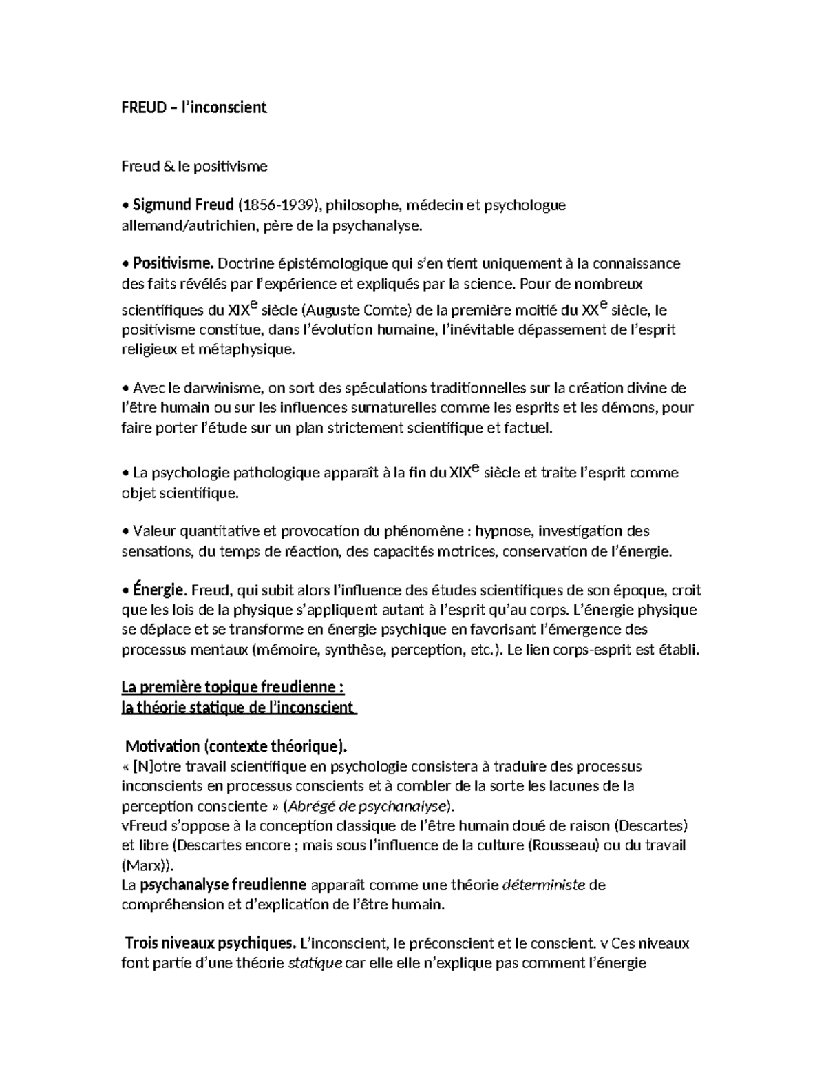 Freud résumé note - FREUD – l’inconscient Freud & le positivisme ...