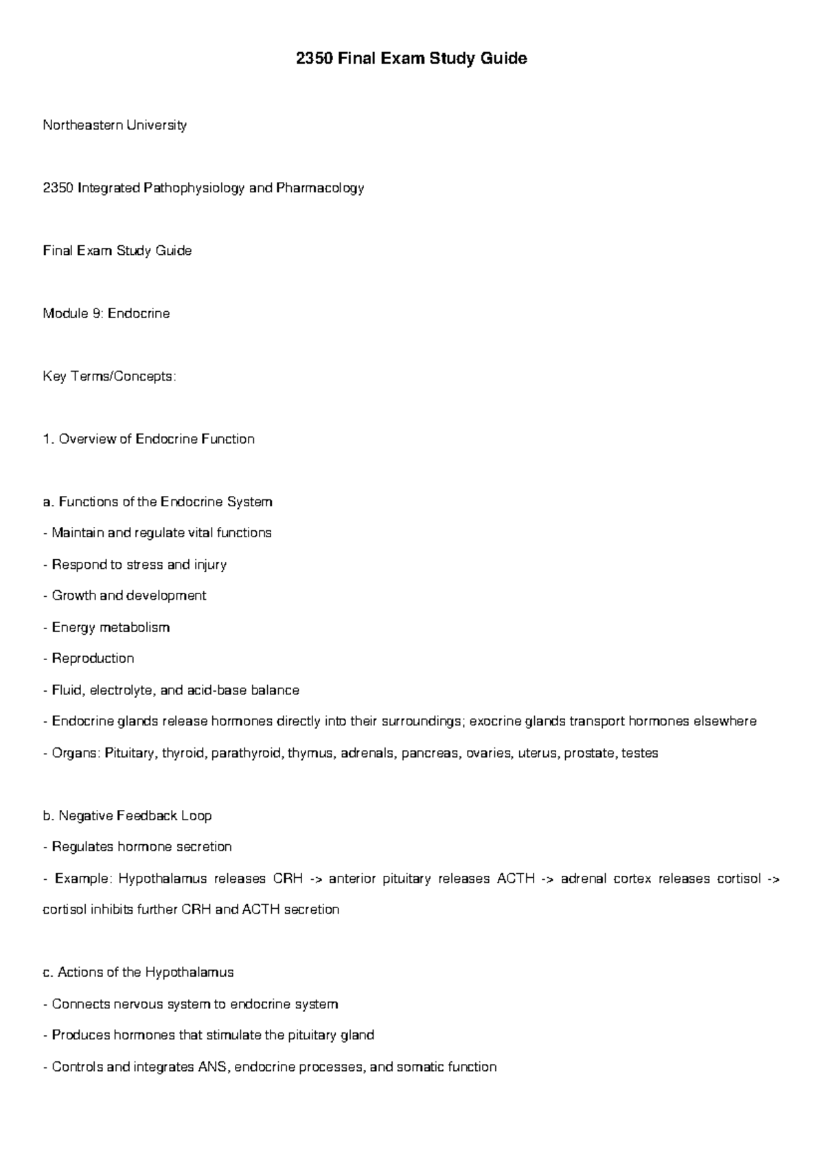 2350 Final Exam Study Guide: Endocrine Function Overview - Studocu