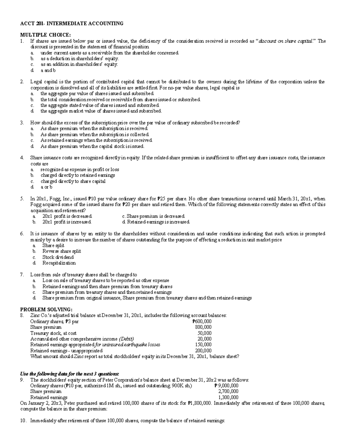 ACCT 201 IA Intermediate Accounting Multiple Choice Review - Studocu
