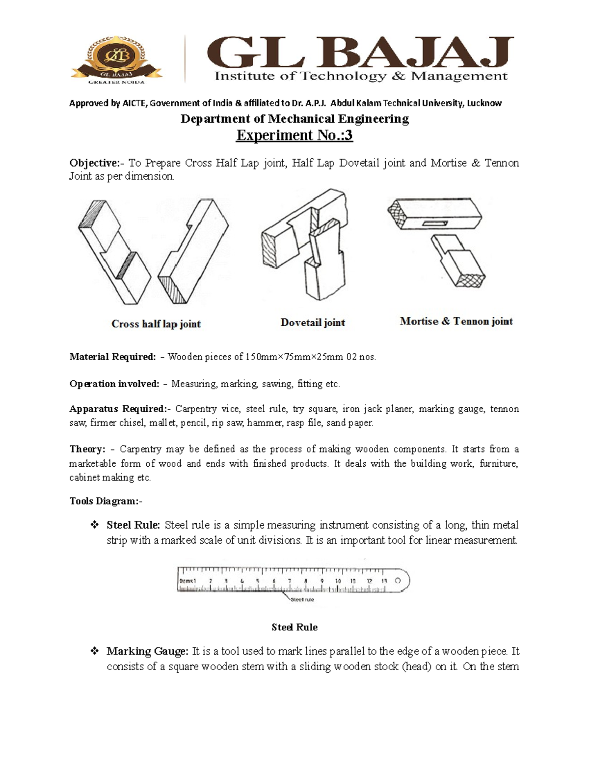 Mechanical Engineering - Carpentry Joint Preparation Experiment - Studocu