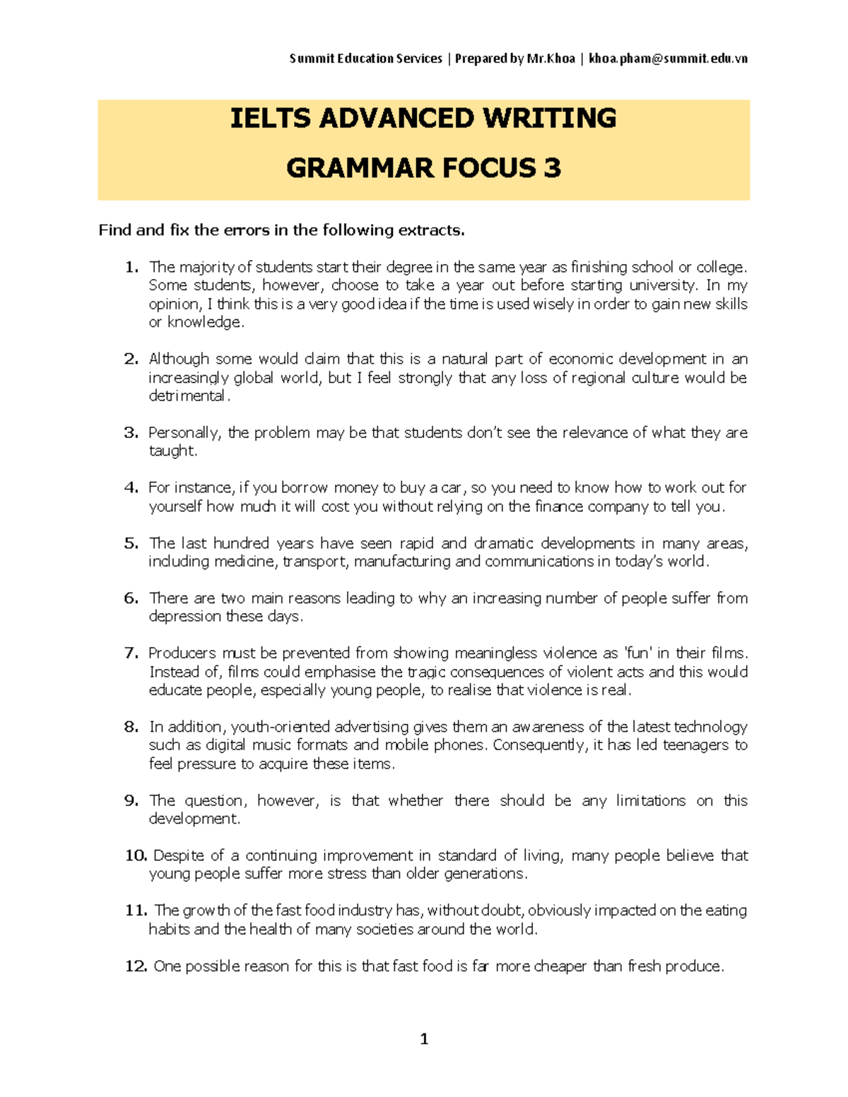 IELTS ADVANCED WRITING GRAMMAR FOCUS W3: Error Correction Exercises ...