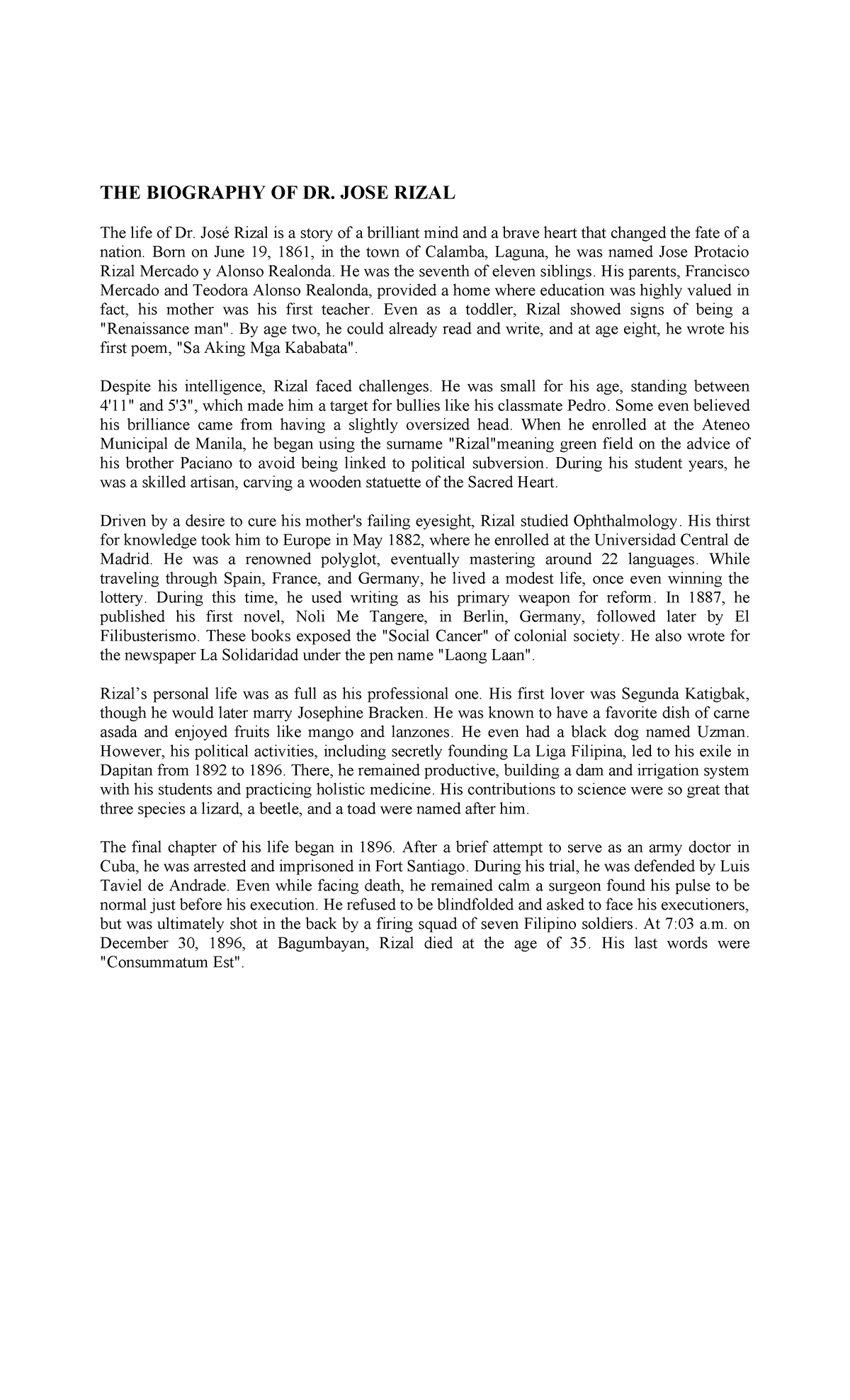 Rizal's Legacy: A Biography of Dr. José Rizal - Studocu