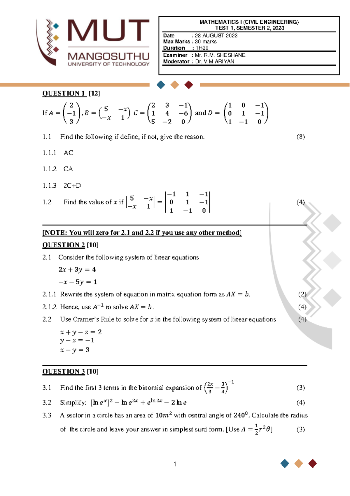 MATH 1 (CIVIL ENG) TEST 1 PREPARATION NOTES - SEM 2, 2023 - Studocu