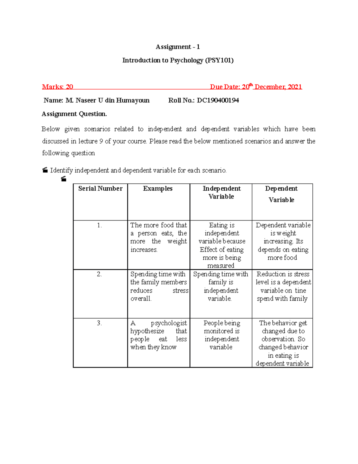Fall 2021 PSY101 assignment 1 - Assignment - 1 Introduction to ...