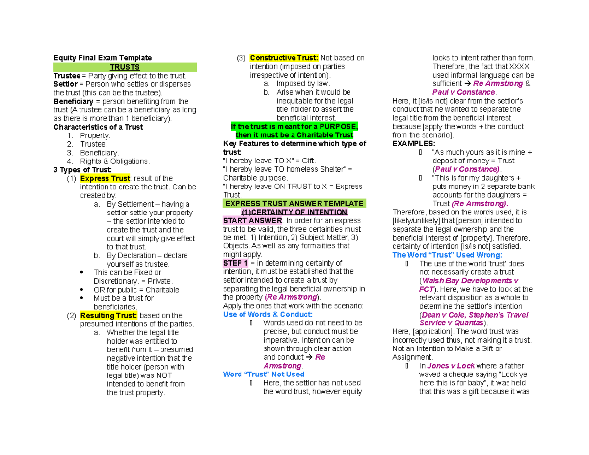 Equity Final Exam Template: Understanding Trusts and Their Types - Studocu