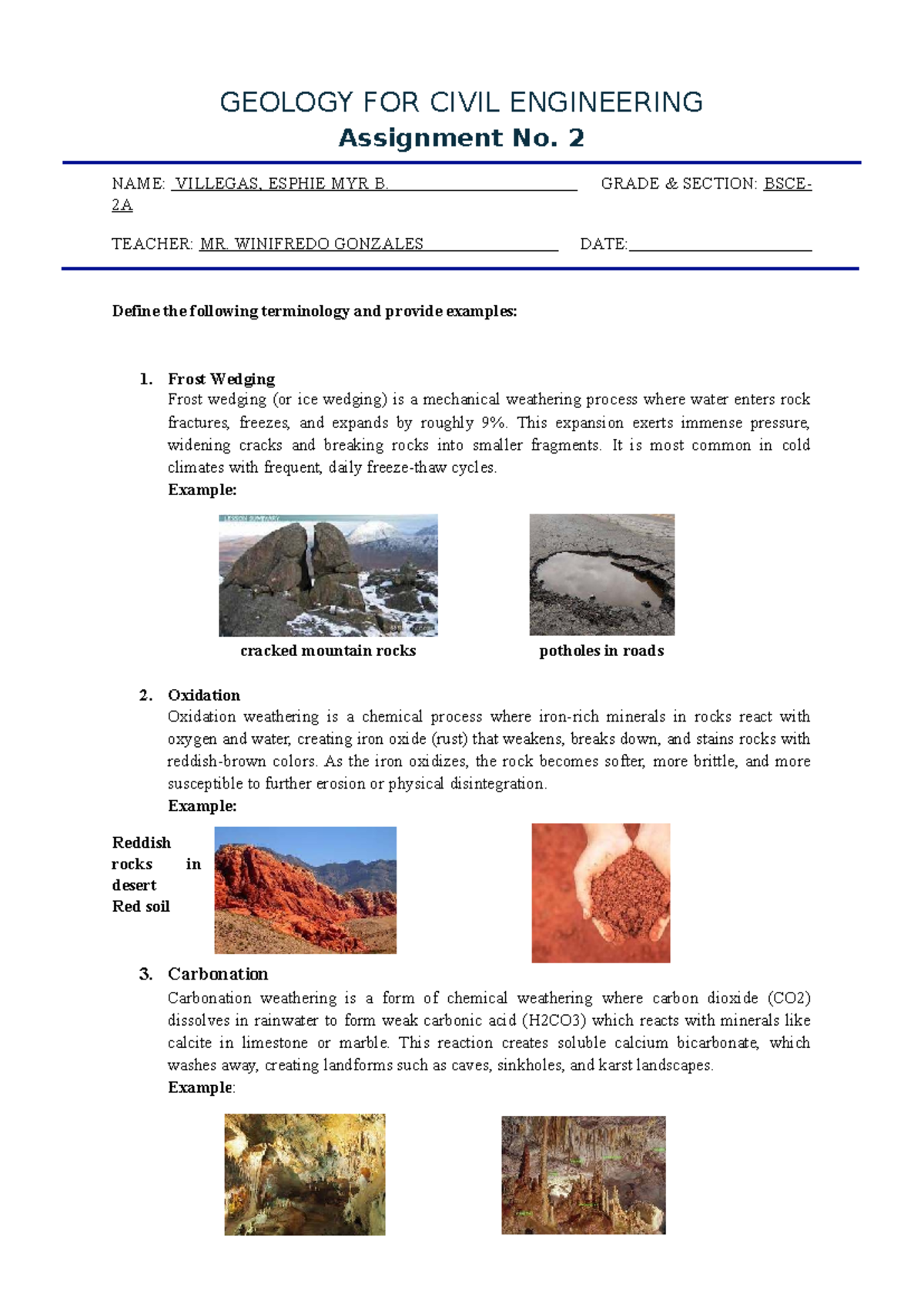 GEOLOGY FOR CIVIL ENGINEERING A2: Weathering Processes Explained - Studocu