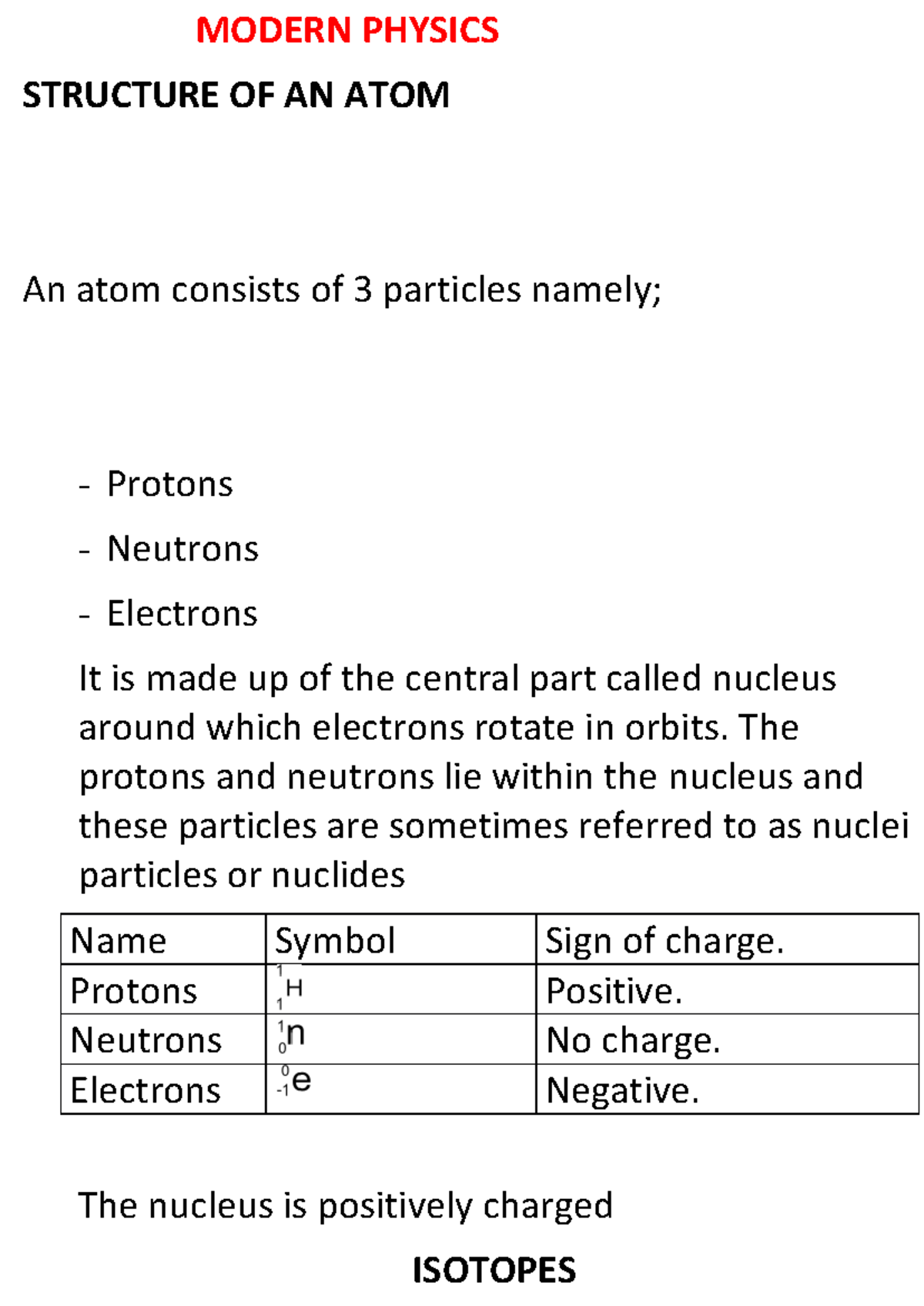 Modern Physics Notes - Nice - MODERN PHYSICS STRUCTURE OF AN ATOM An ...