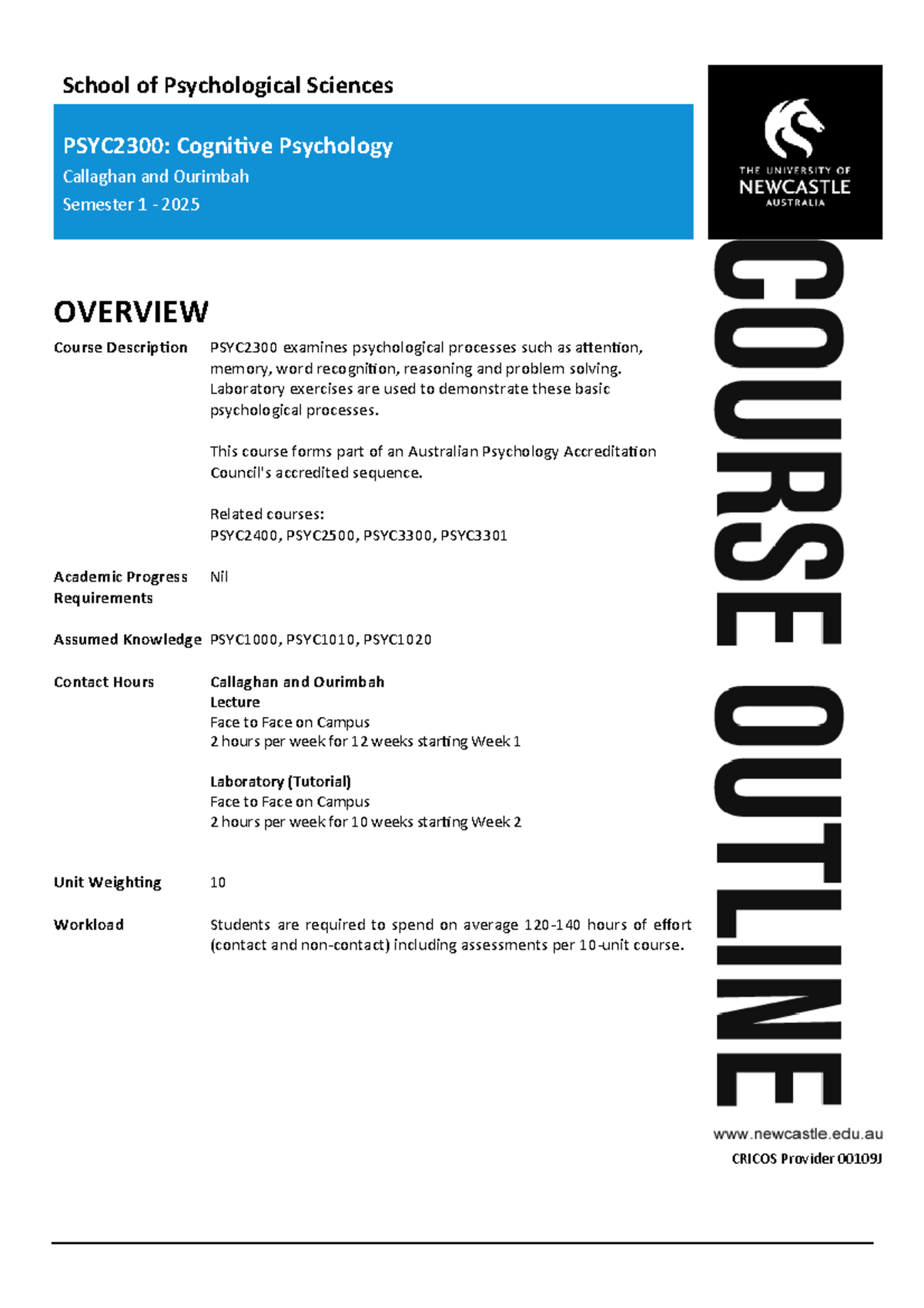 PSYC2300: Cognitive Psychology Course Outline - Callaghan & Ourimbah S1 ...