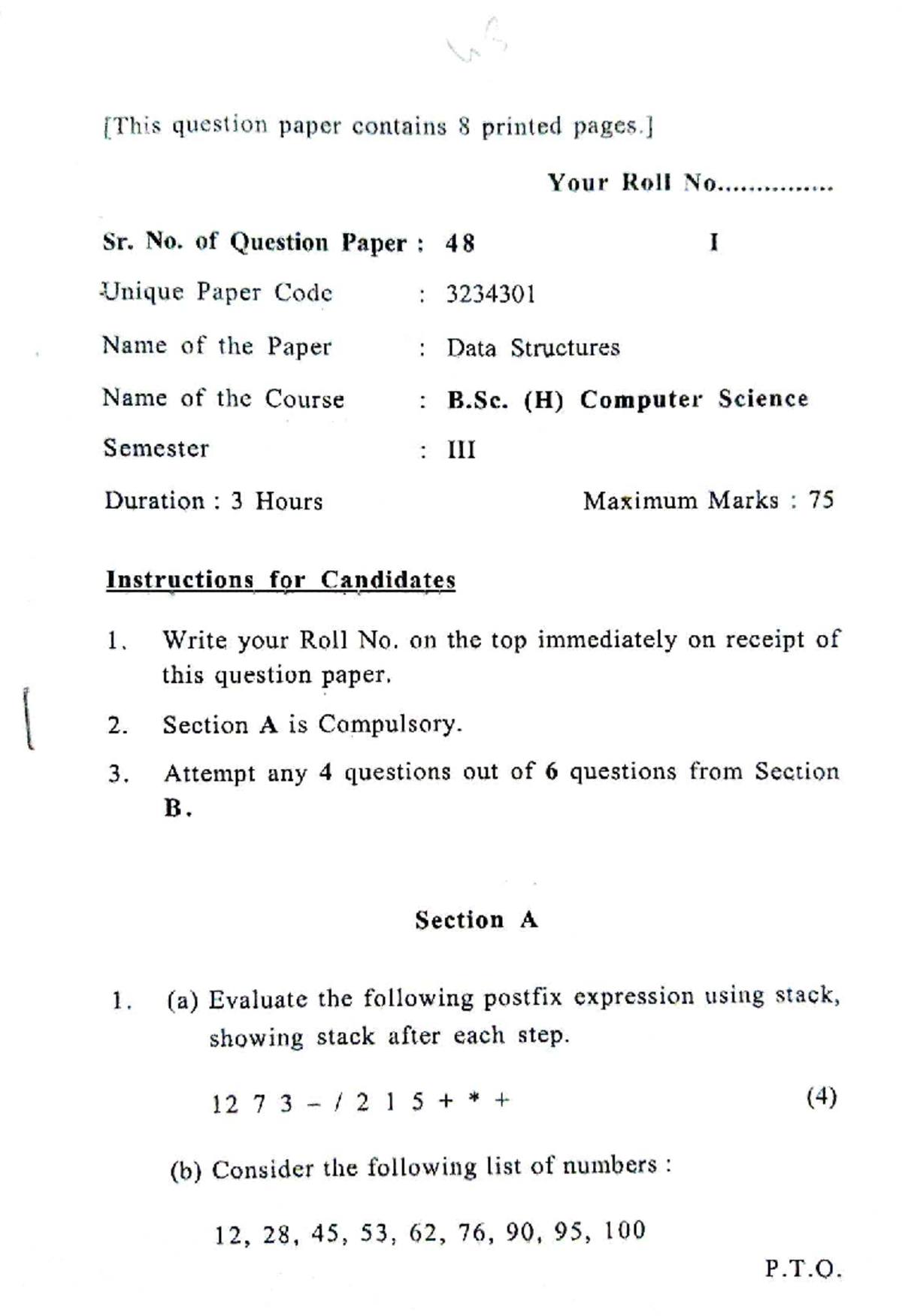 B.Sc. (H) Computer Science Sem 1 Final Exam QP - Data Structures ...