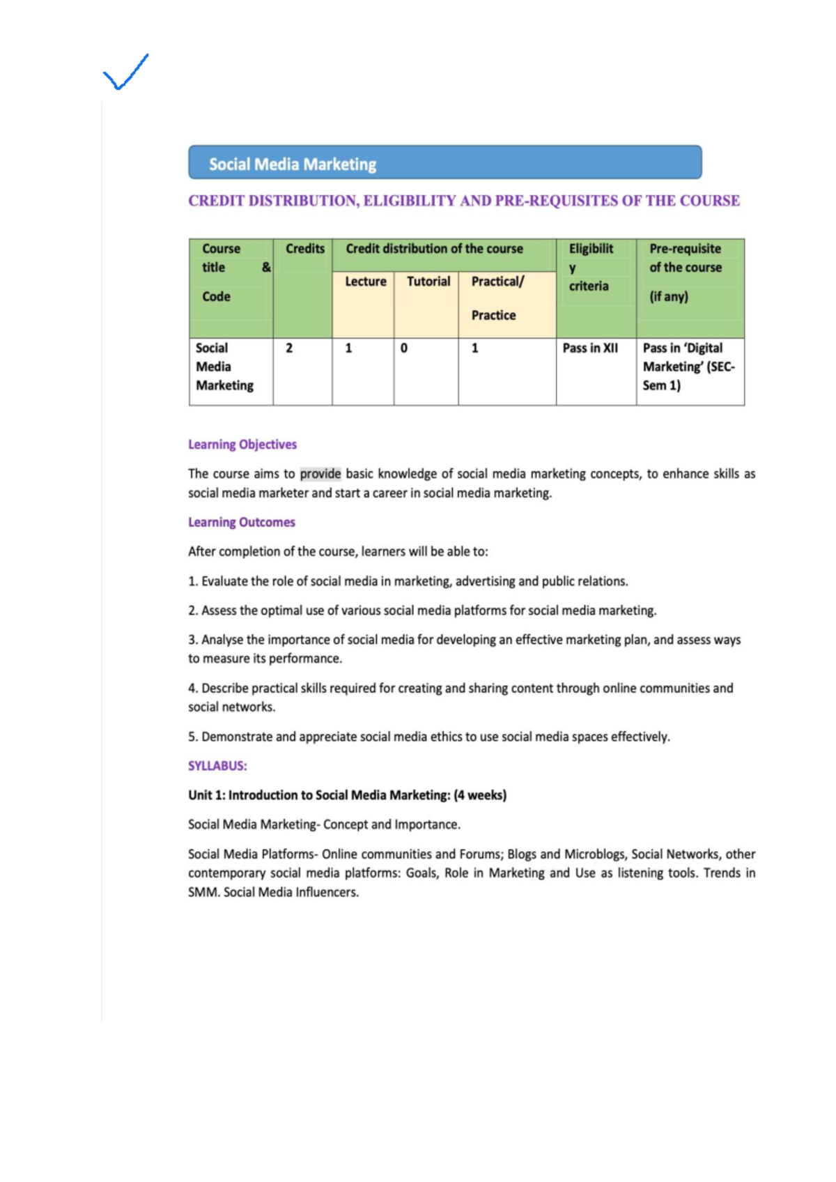 SMM Sem 1: Comprehensive Syllabus for Social Media Marketing - Studocu