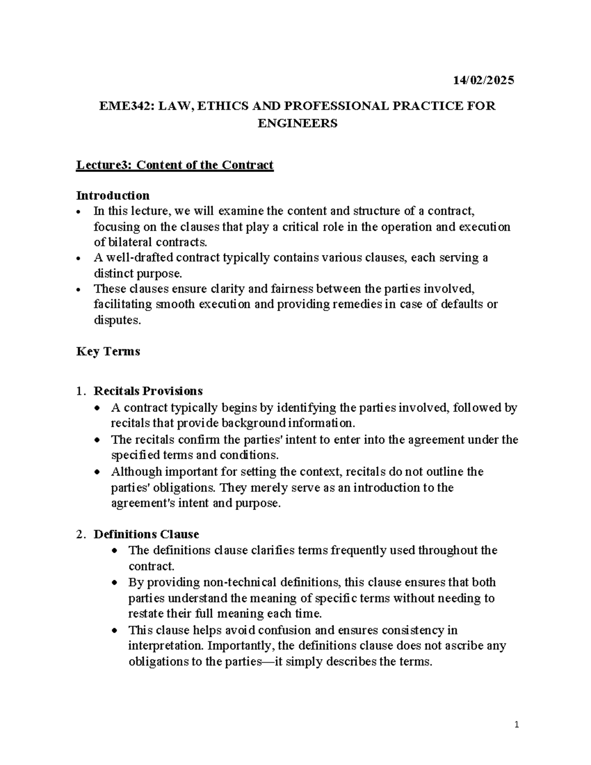 EME342: LAW, ETHICS & PROFESSIONAL PRACTICE - Lecture 3: Contract ...