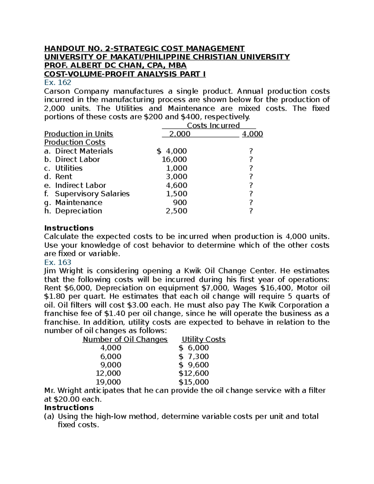 Cost Management Analysis: Exercises 162-171 for INB 101 - Studocu