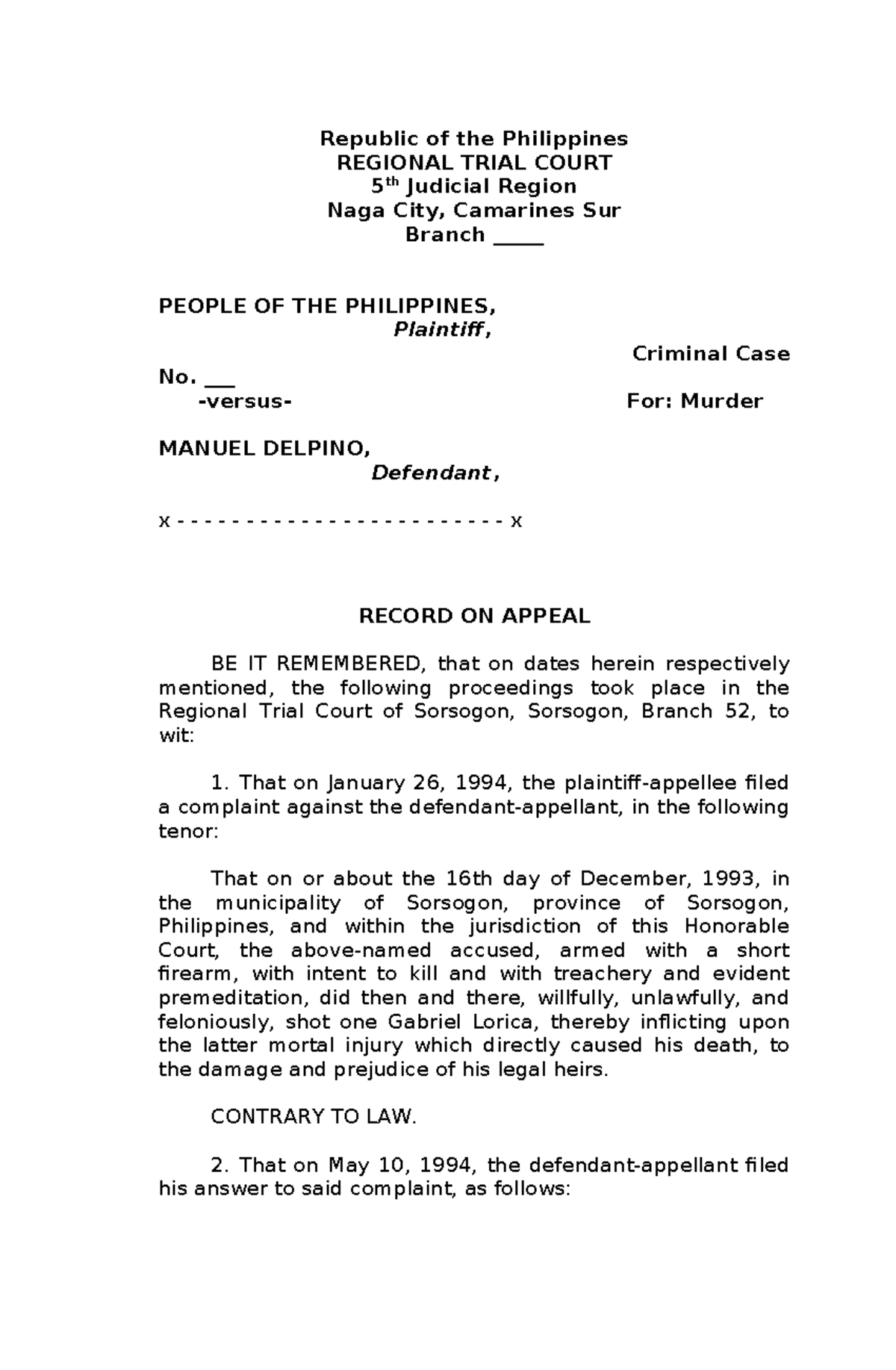 Record on Appeal: People of the Philippines vs. Manuel Delpino, Murder ...