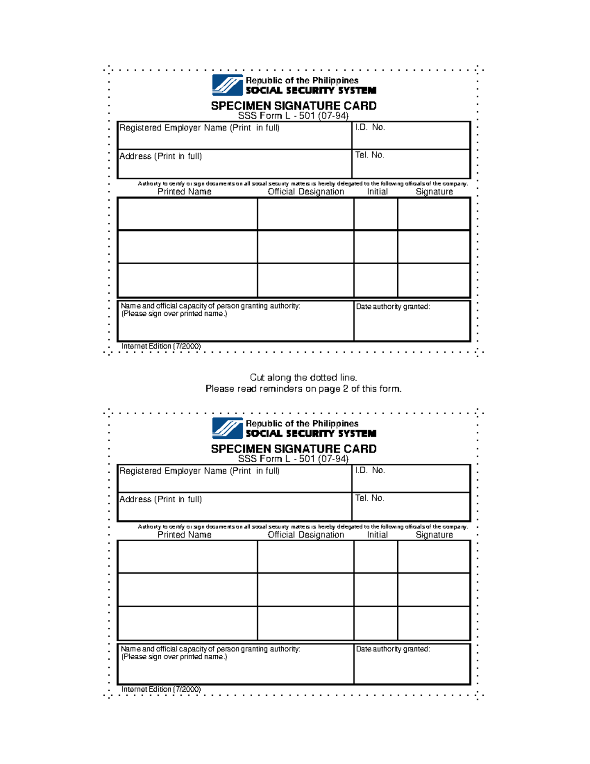 L501 Form: Specimen Signature Card for Social Security System - Studocu