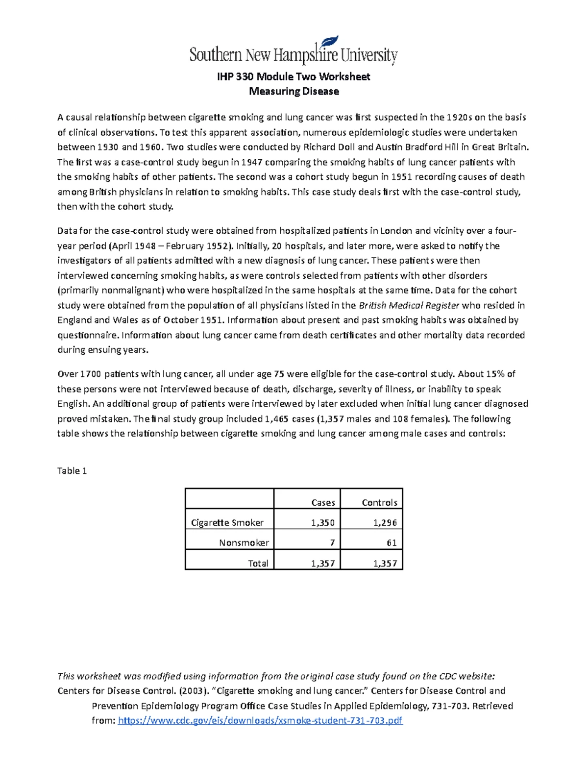 IHP 330 Module Two Worksheet: Epidemiology of Smoking Lung Cancer IHP 330 Module Two Worksheet: Epidemiology of Smoking Lung Cancer