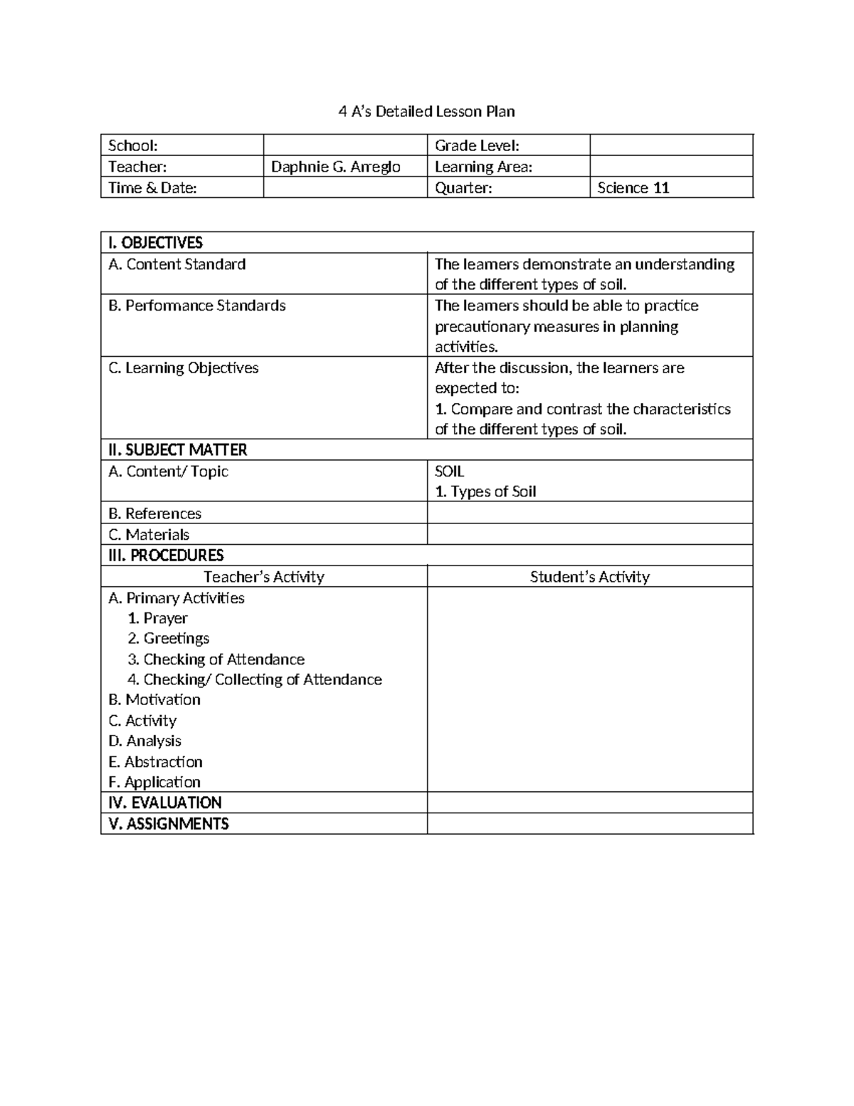 Lesson PLAN - waley - 4 A’s Detailed Lesson Plan School: Grade Level ...