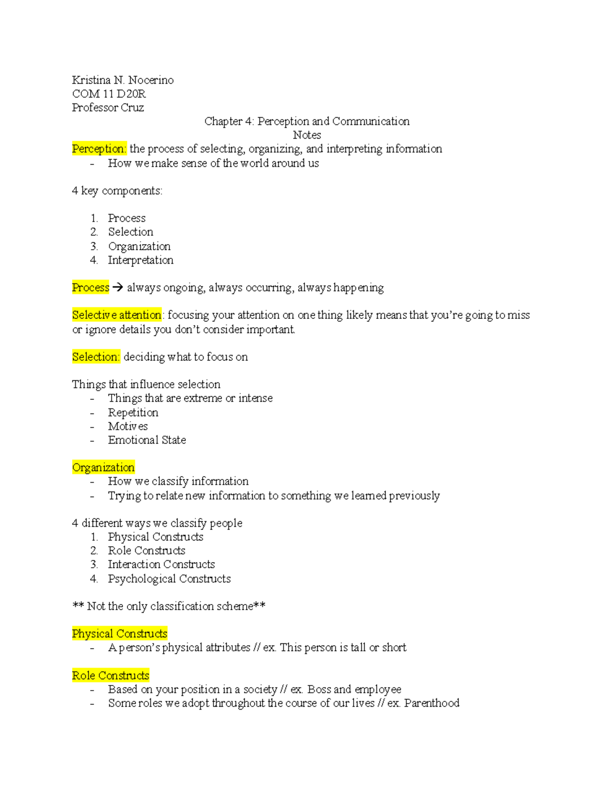 Chapter 4 Notes - Perception and Communication - COM 11 D20R - Studocu