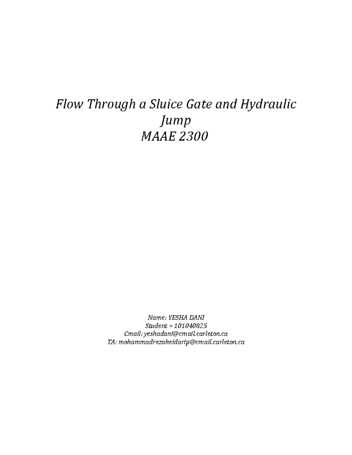 MAAE 2300: Lab 3 - Flow Through Sluice Gate & Hydraulic Jump Analysis ...