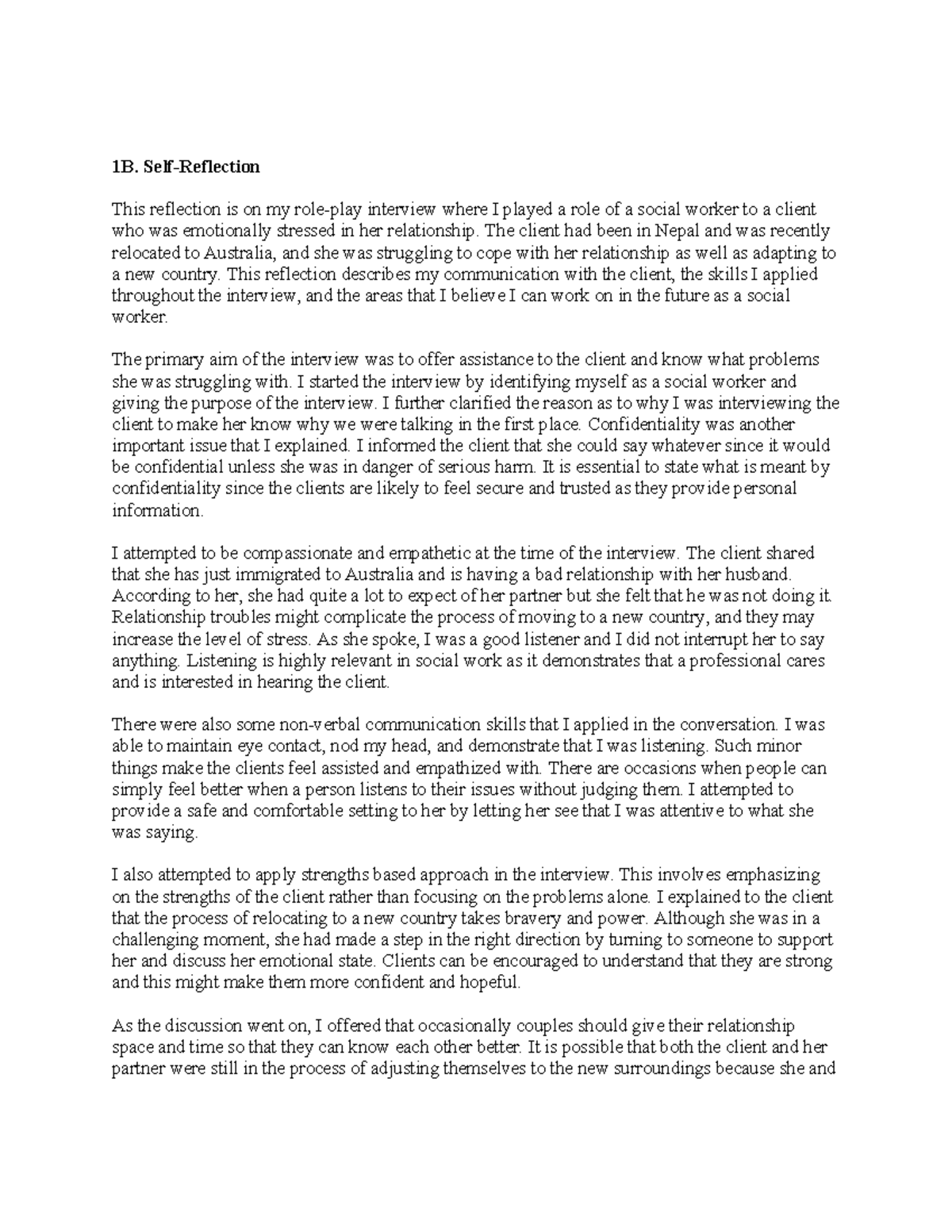 Reflection on Social Work Interview: Assignment 1A Insights - Studocu