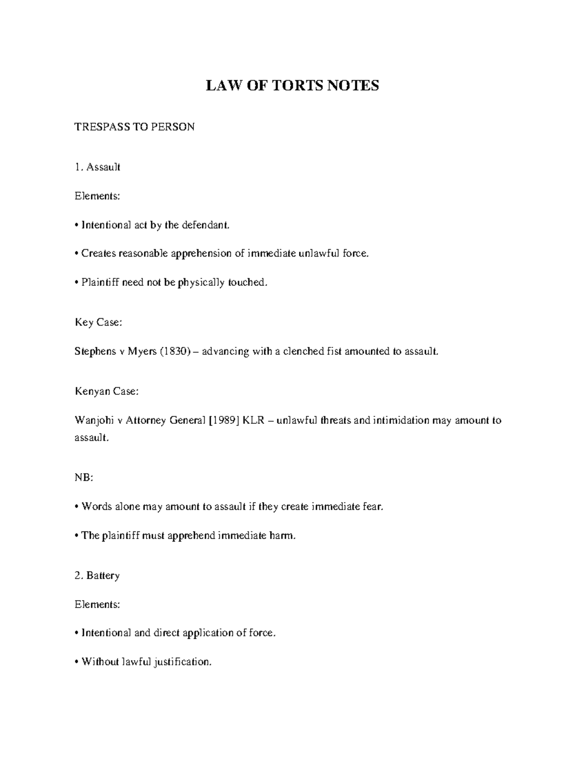 Torts Study Notes: LAW OF TORTS - Trespass to Person & Goods - Studocu