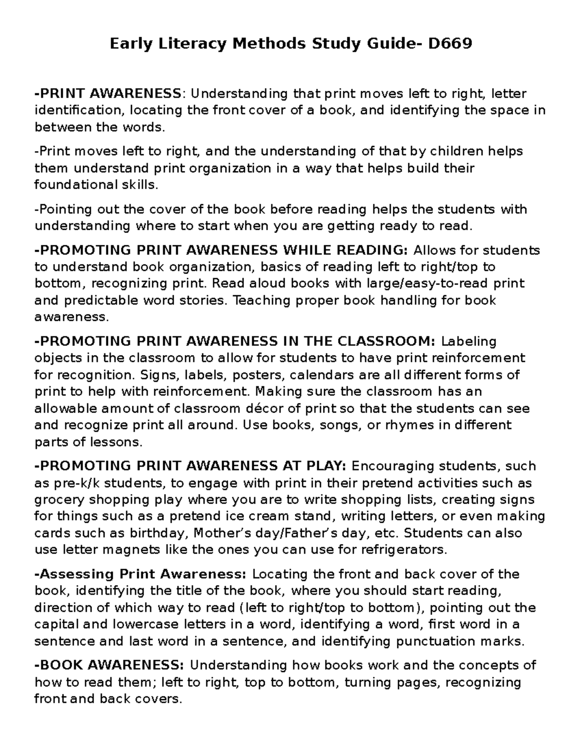 Early Literacy Methods Study D669: Print Awareness and Instruction ...