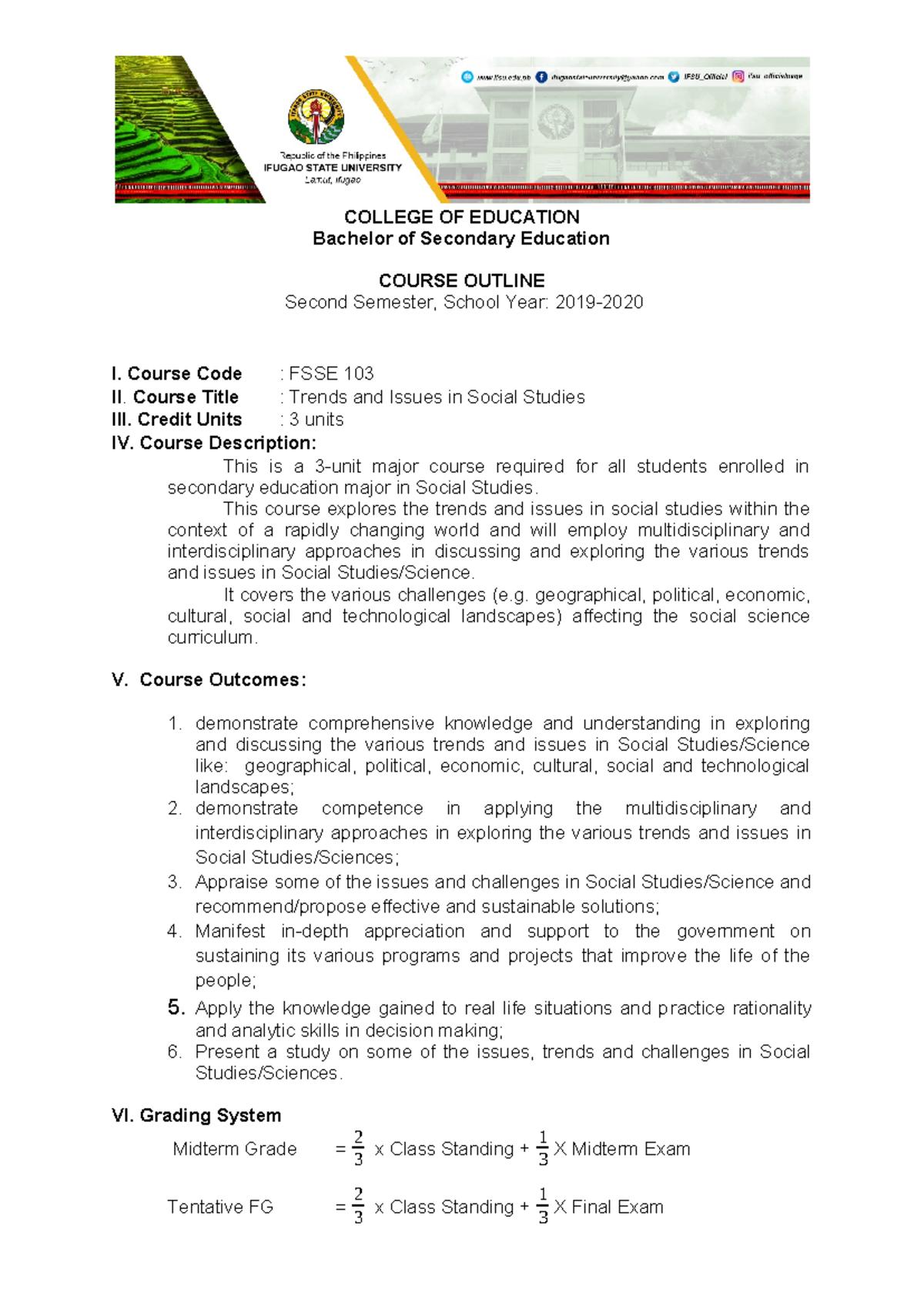 FSSE 103 Trends and Issues in Social Studies Course Outline - Studocu
