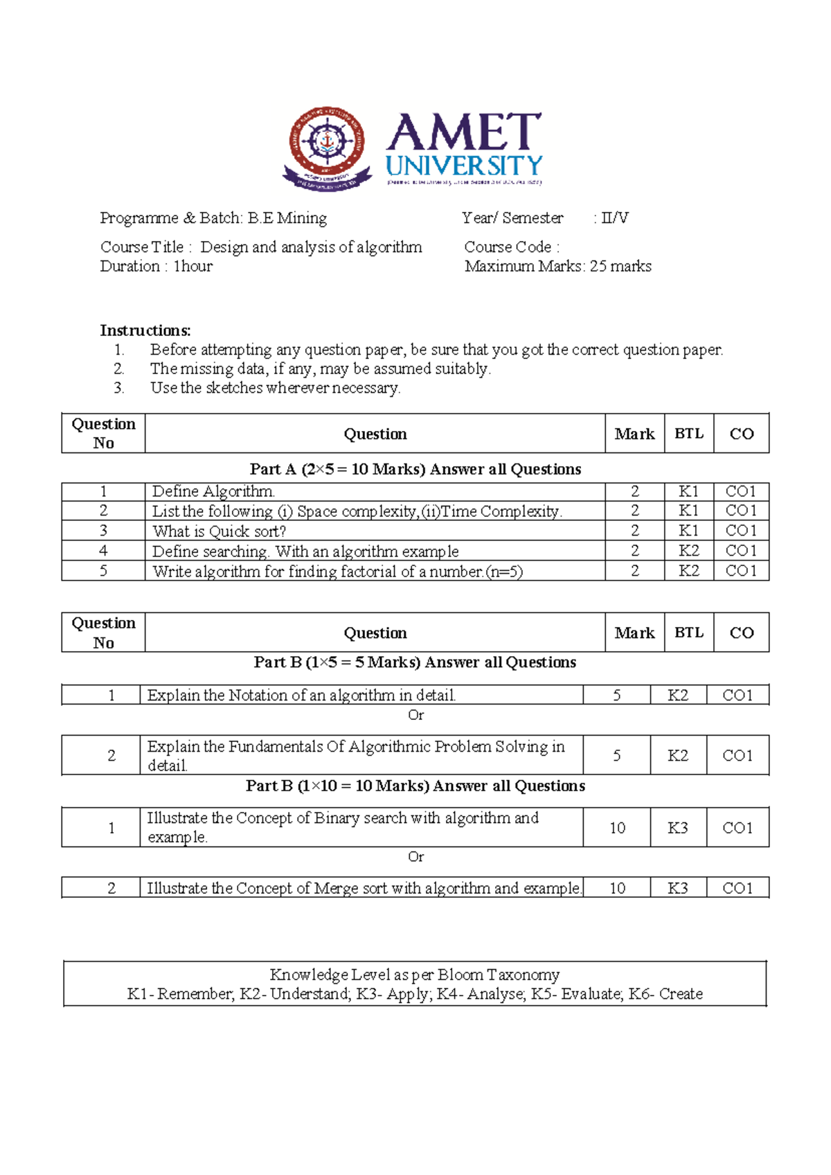 DAA Unit Test 1 - B.E Mining - Design & Analysis of Algorithms - Studocu