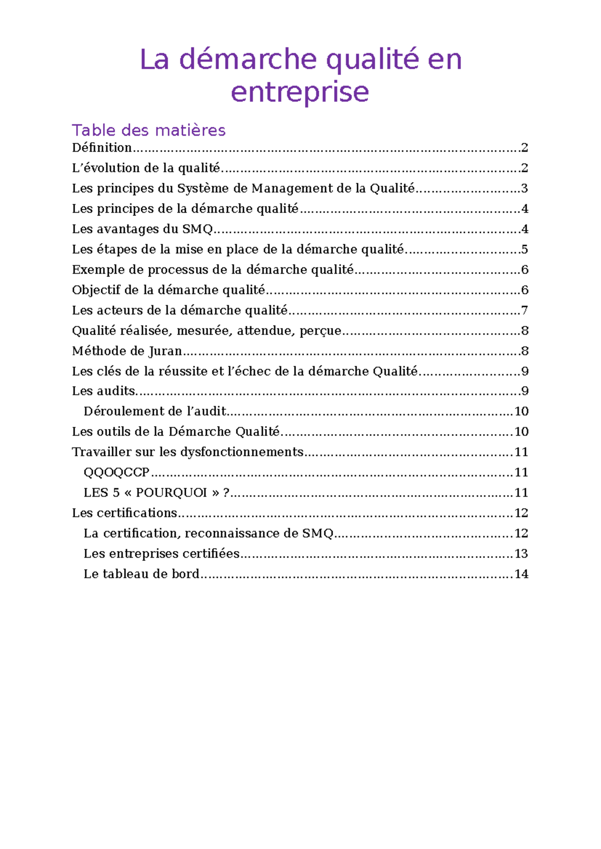 La Démarche Qualité en Entreprise : Principes et Étapes Clés - Studocu