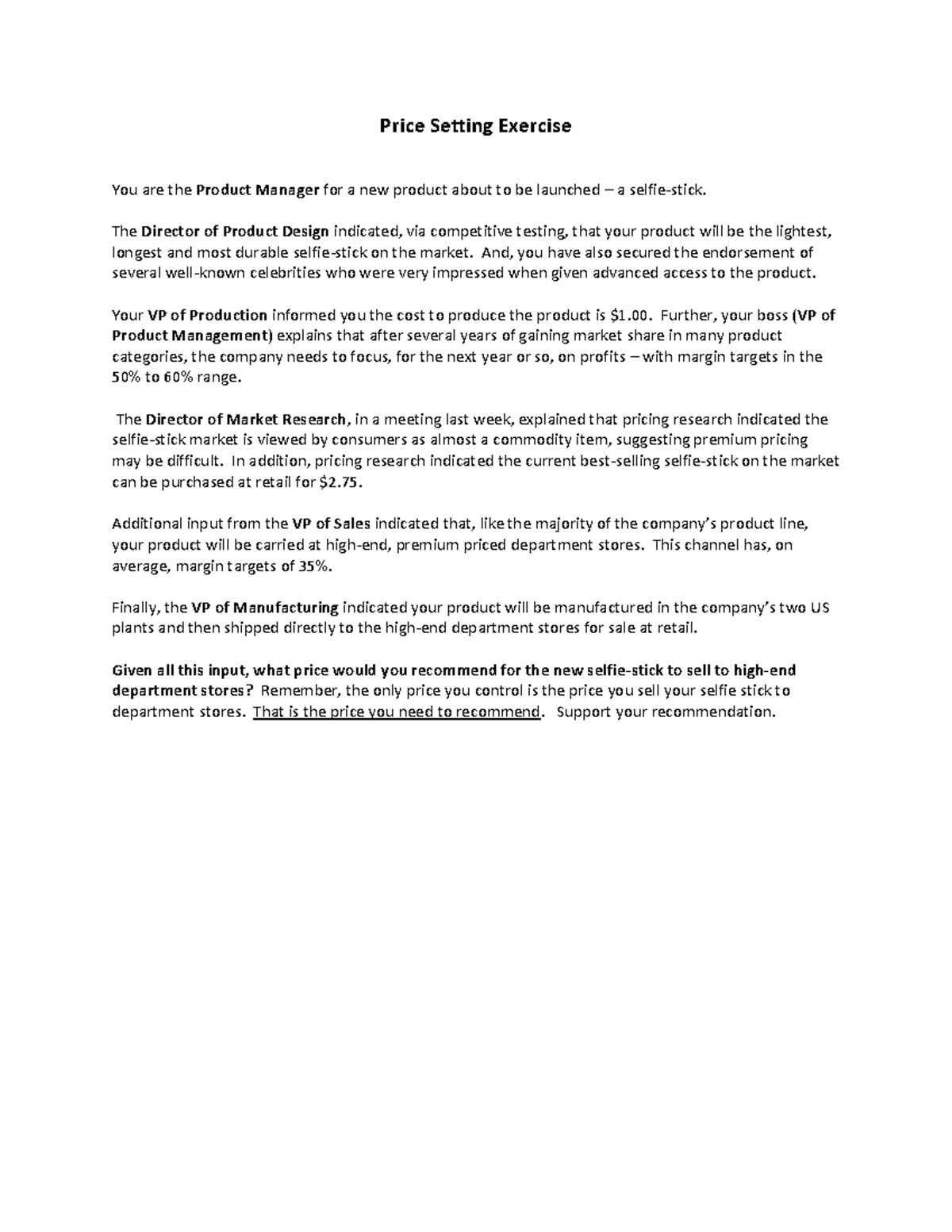 Price Setting Exercise (Mar 2020) - Product Management Strategy - Studocu