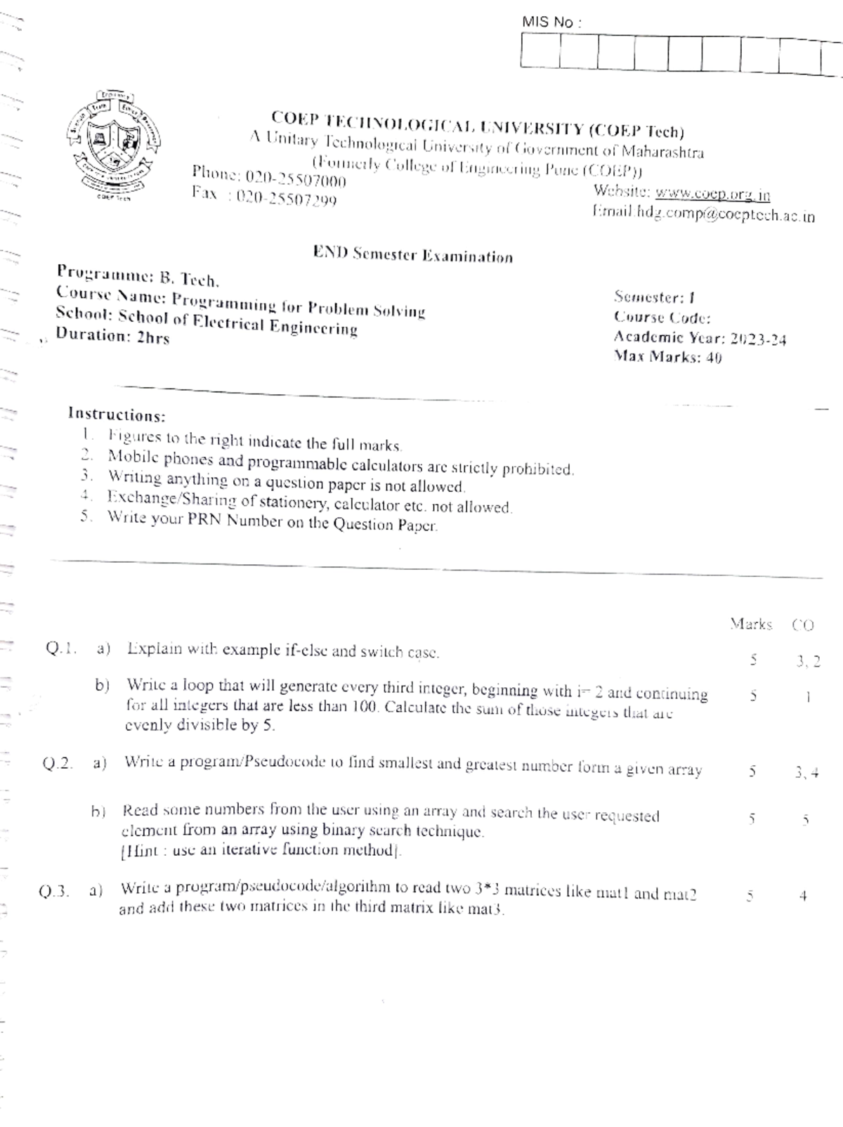 End Semester Exam: Programming for Problem Solving (B.Tech COEP) - Studocu