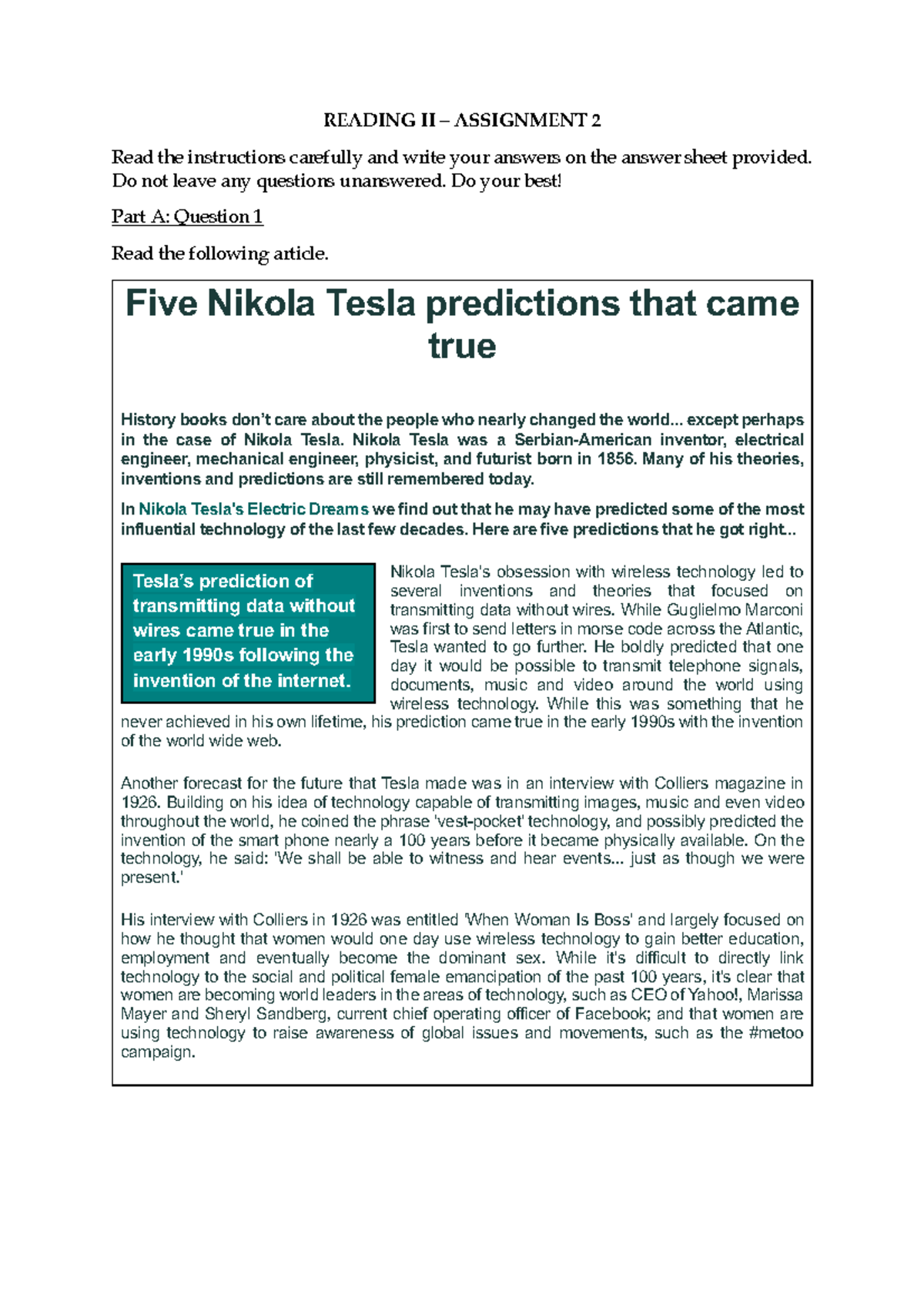 READING II ASSIGNMENT 2: Nikola Tesla's Predictions and Sloth Facts ...