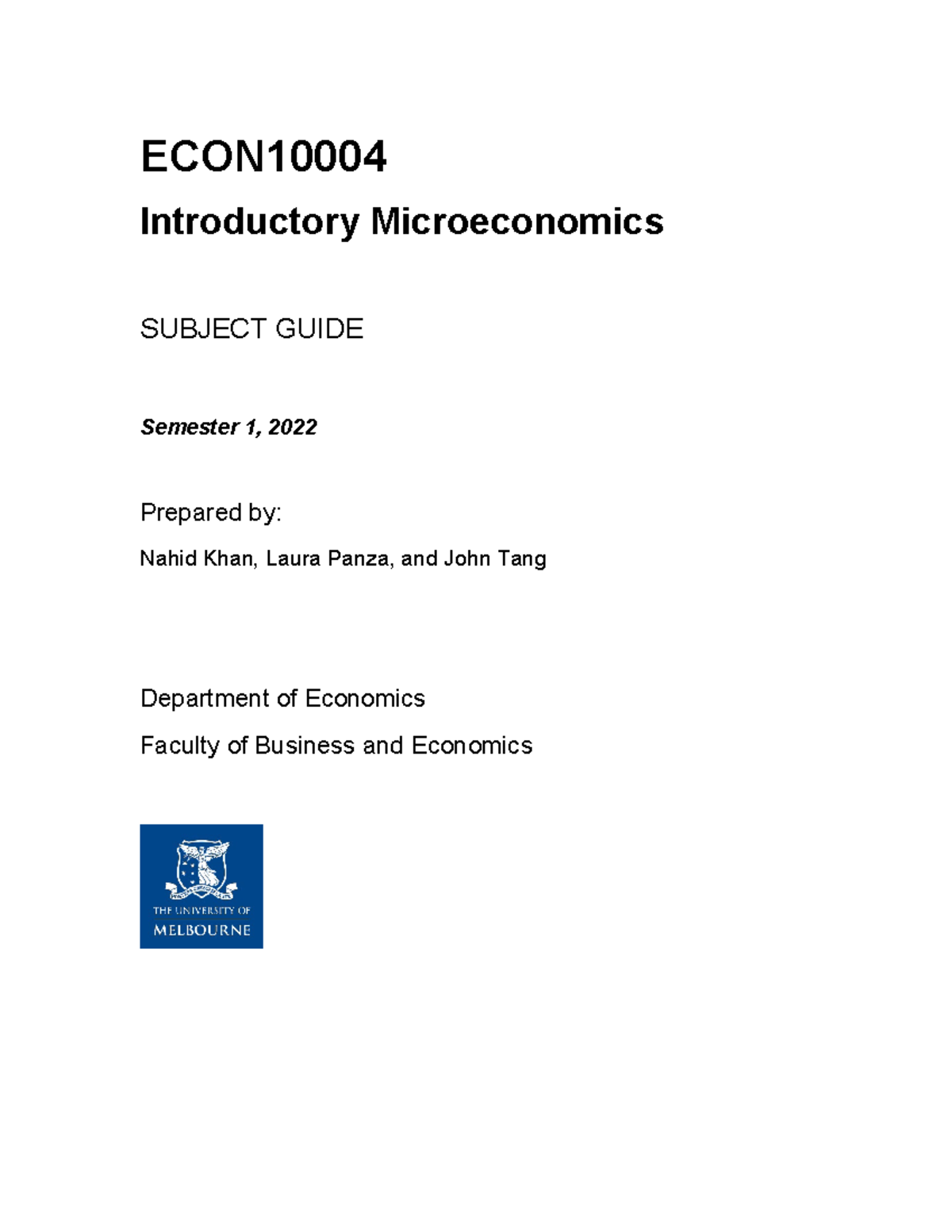 Subject Guide for ECON10004: Introductory Microeconomics - Semester 1 ...