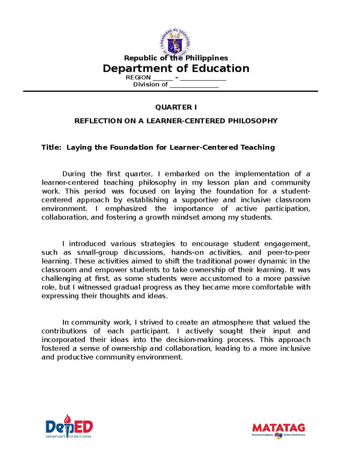 23. Reflection ON Learner- Centered Philosophy TI-III Sample- Objective ...