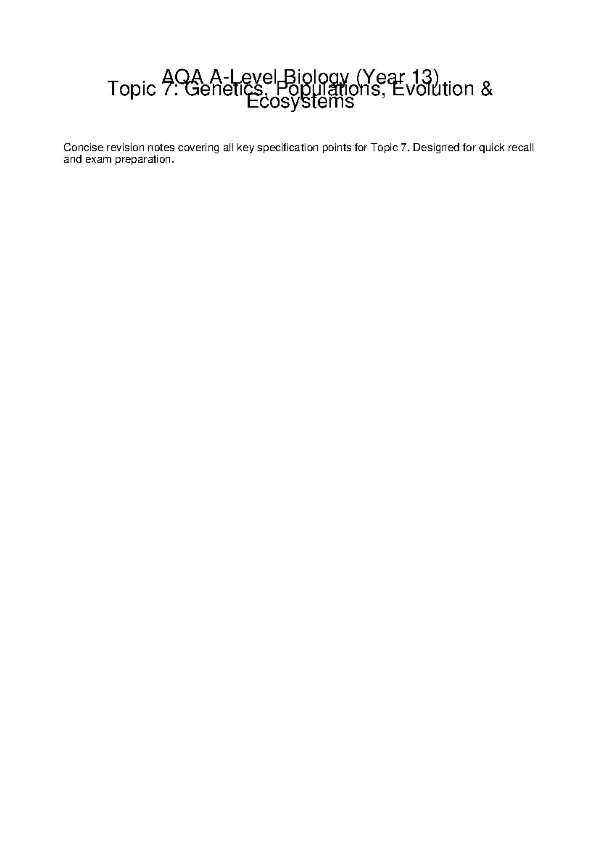 AQA A Level Biology Topic 7: Genetics, Evolution & Ecosystems Notes ...