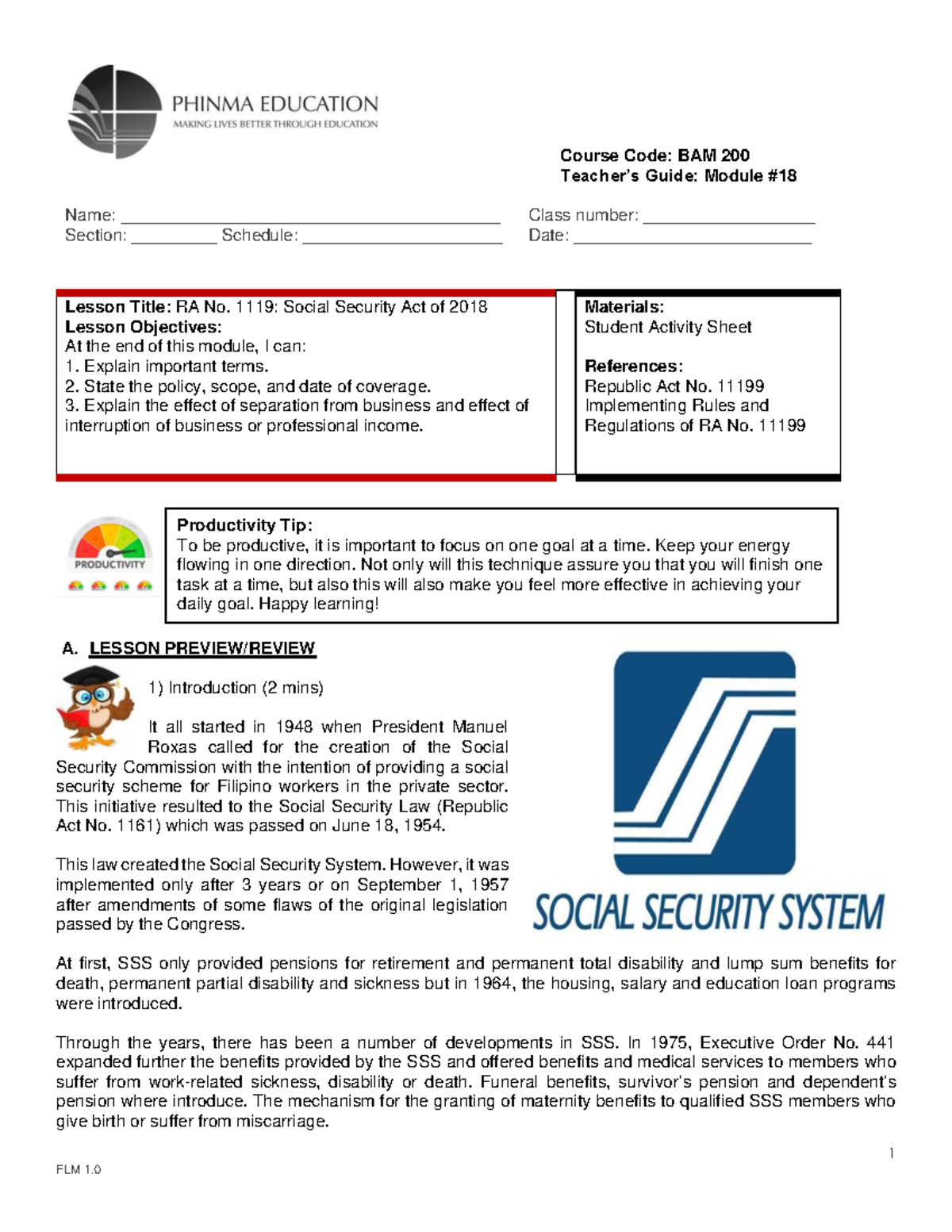 BAM 200 Lesson: Understanding the Social Security Act of 2018 - Studocu